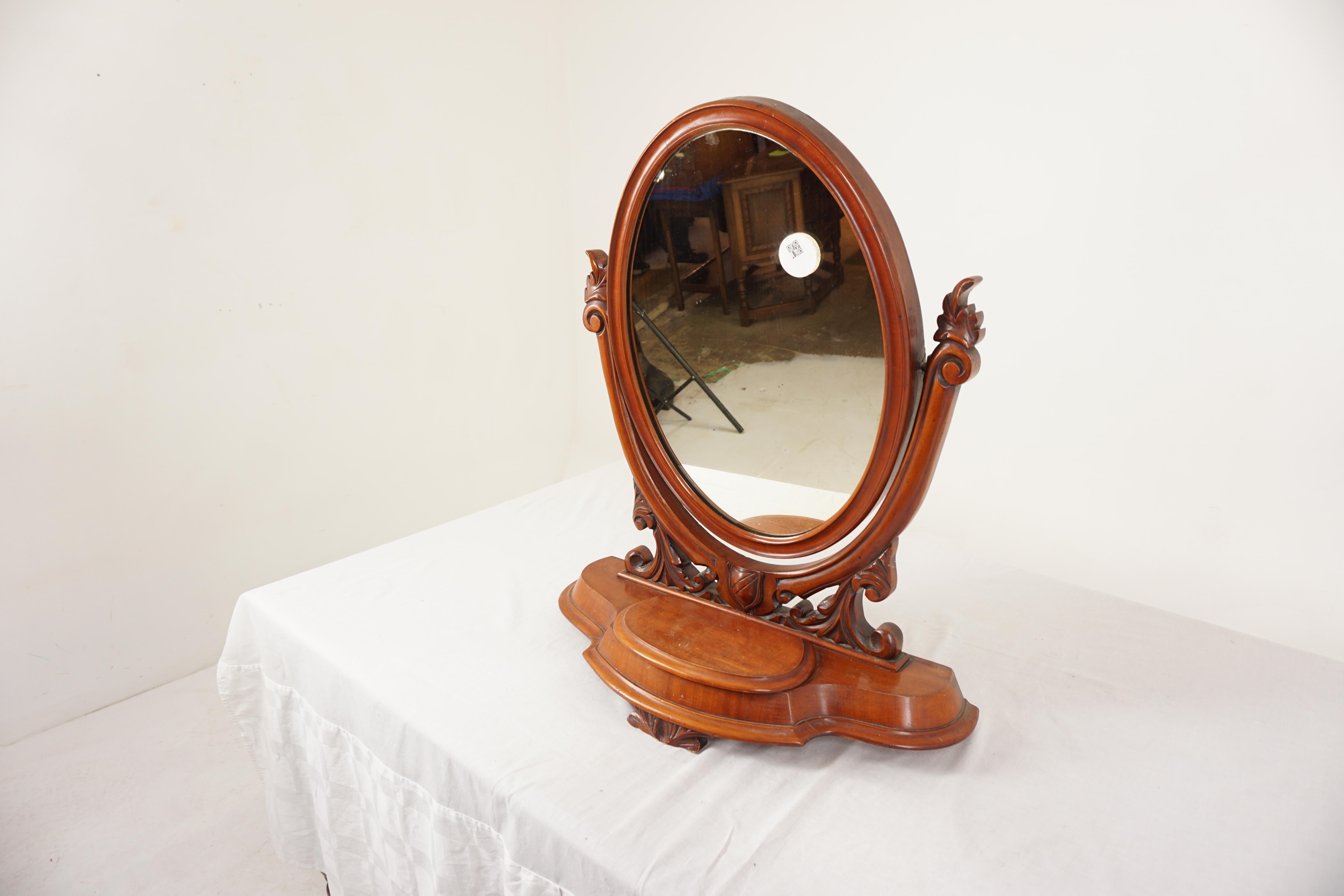 Antique Walnut Mirror, Victorian Walnut Dressing Mirror, Table Mirror, Antique Furniture, Scotland 1880, H1065 

+ Scotland 1880
+ Solid Walnut Veneers 
+ Original Finish
+ Framed oval mirror
+ Suspended on two carved swivel arm supports
+