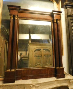 Antique Walnut Mirror with Columns, Gilded Capitals, 19th Century Italy