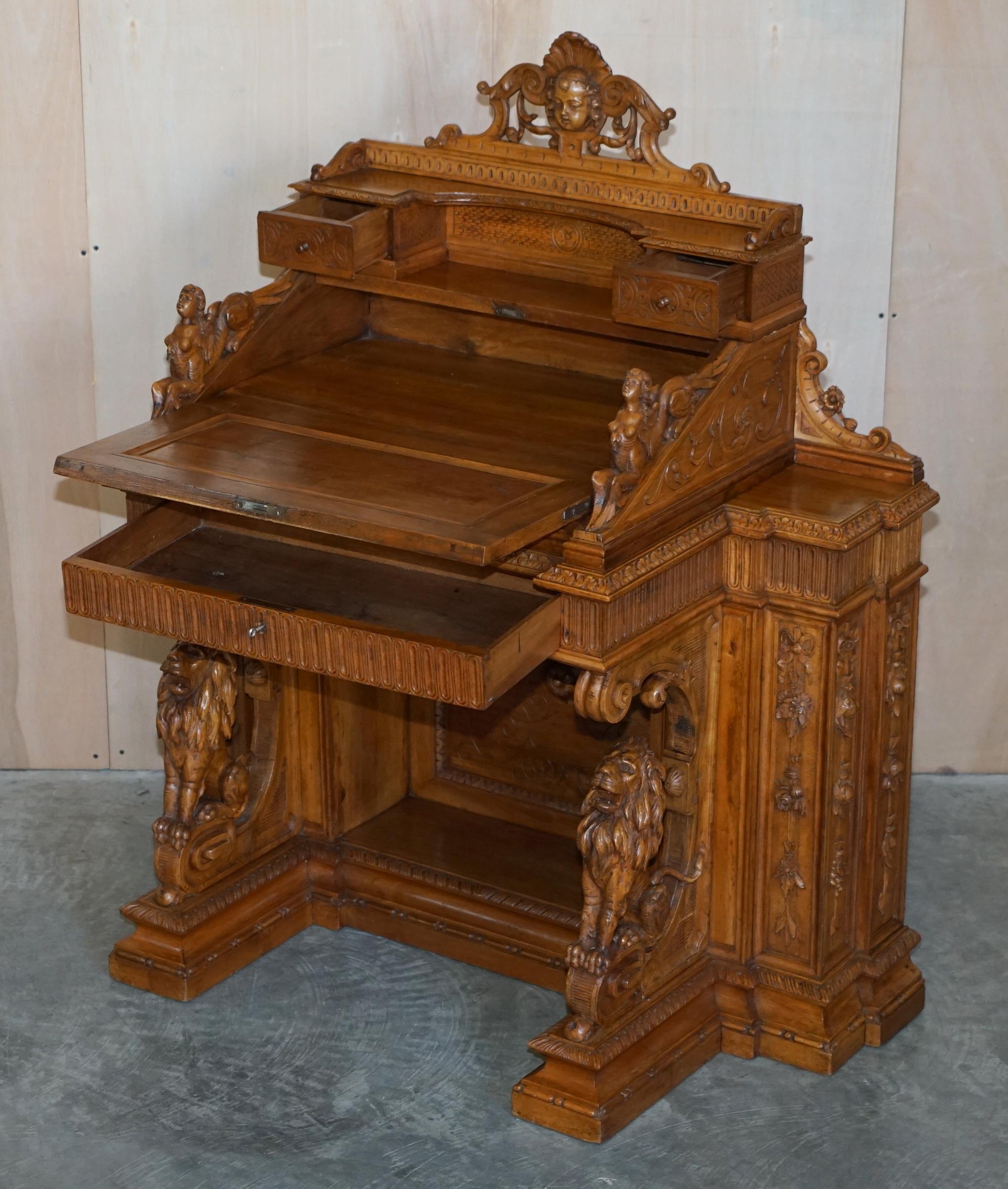 Antique Walnut Museum Quality Exhibition Hand Carved Italian Davenport Desk For Sale 11