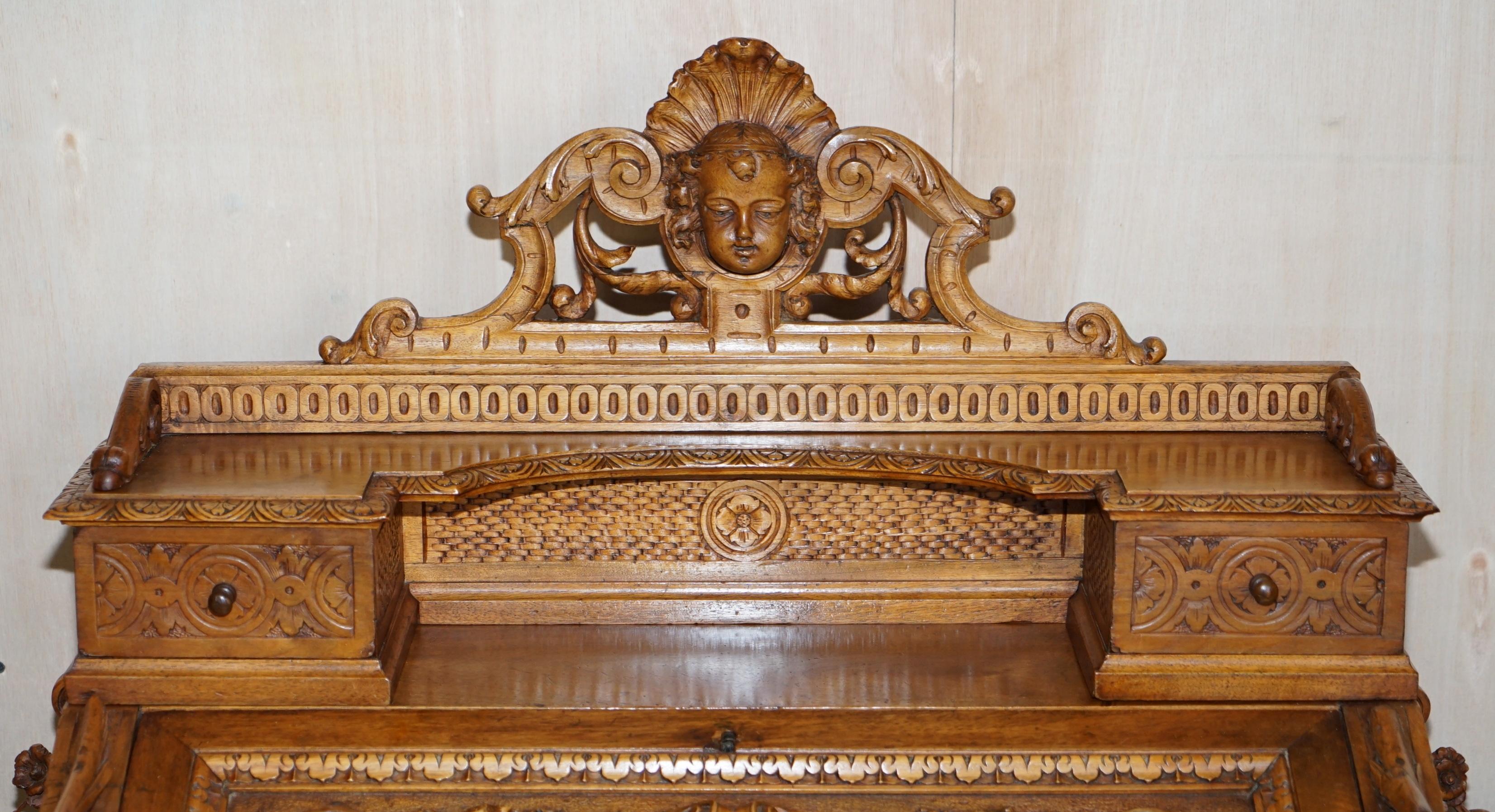 Hand-Carved Antique Walnut Museum Quality Exhibition Hand Carved Italian Davenport Desk For Sale