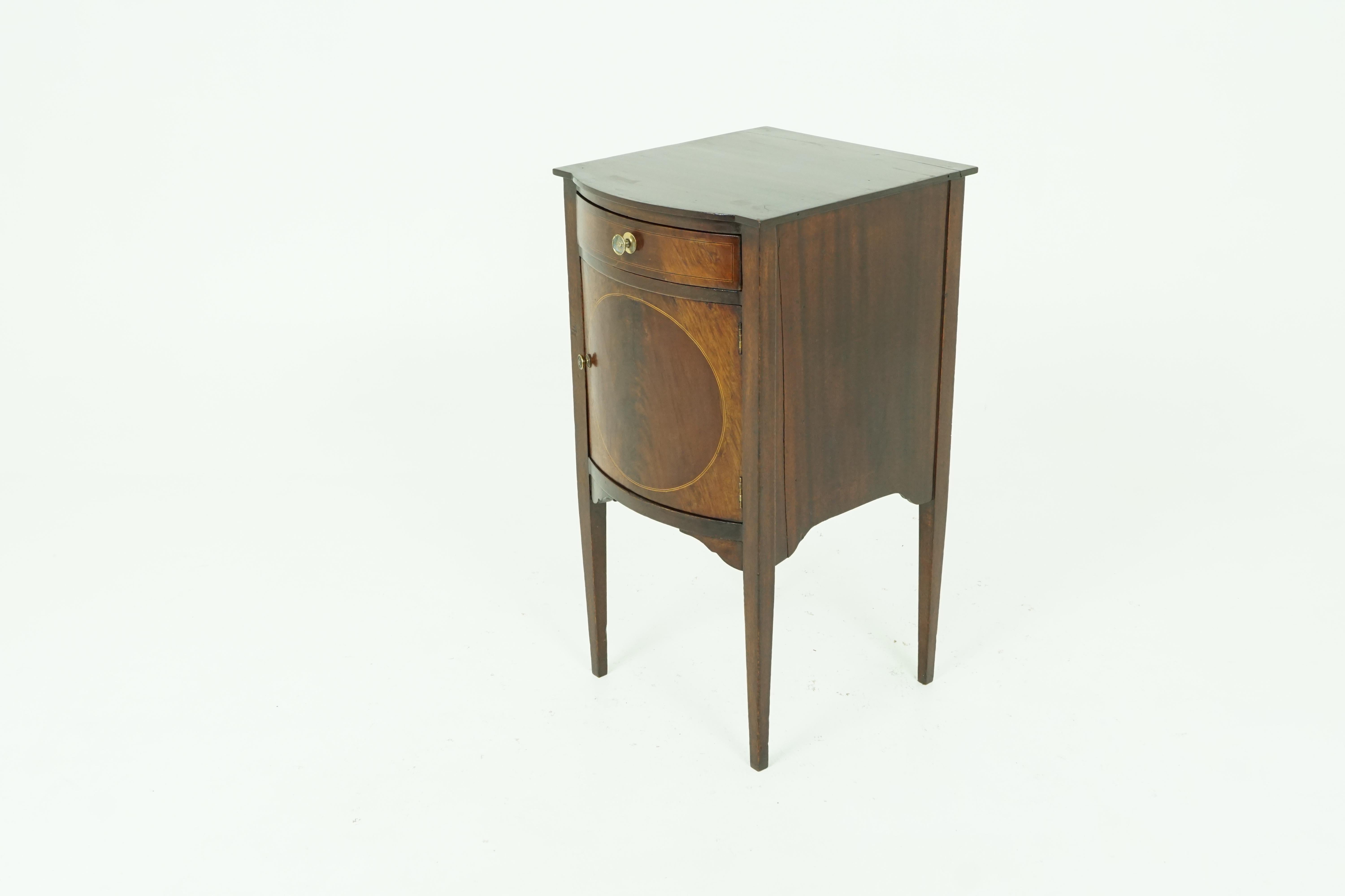 Antique walnut nightstand, Edwardian inlaid lamp table, antique furniture, Scotland, 1910

Scotland 1910
Solid walnut and veneers
Original finish
Serpentine top
Single inlaid drawer below with original brass pull
Underneath a bow front inlaid