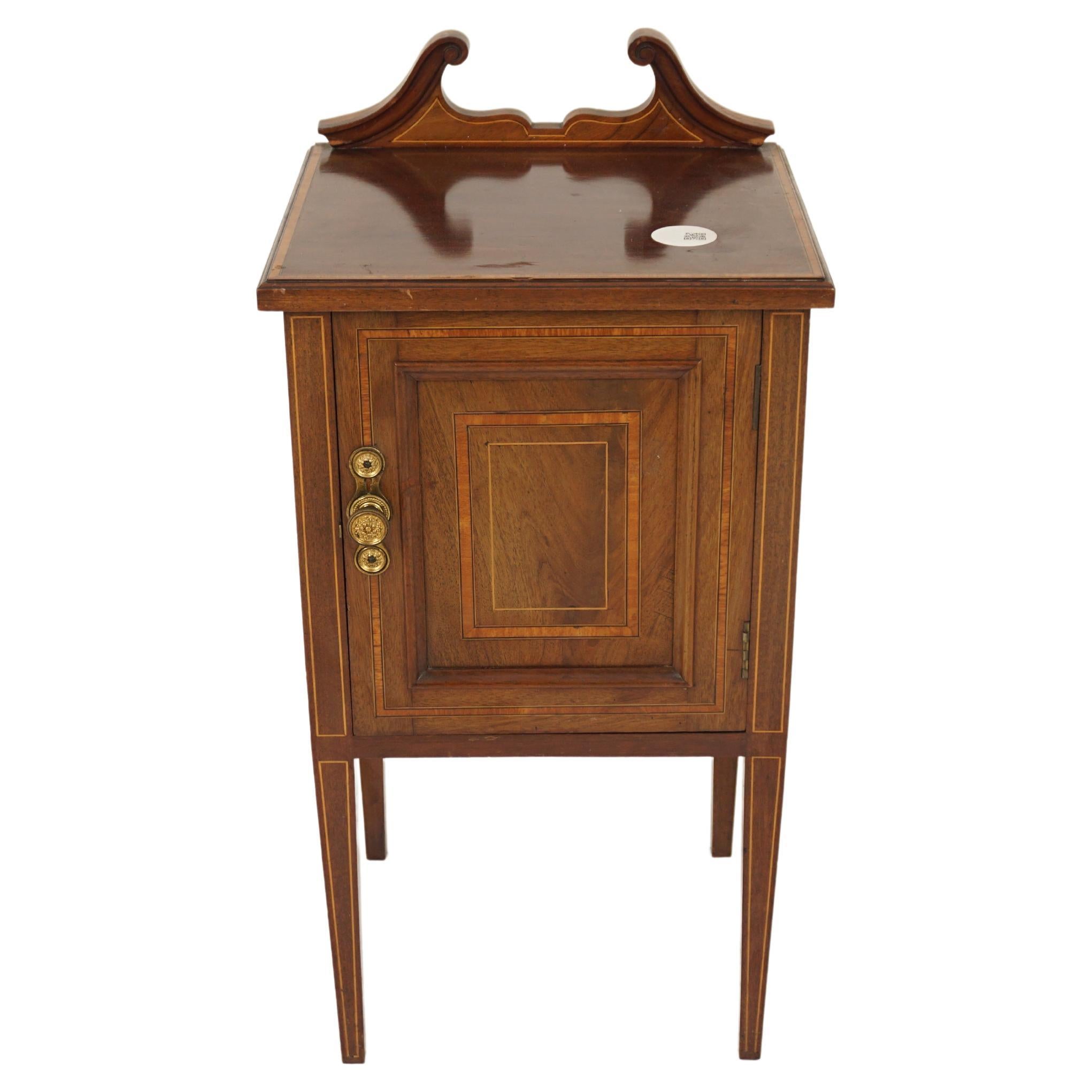 Antique Walnut Nightstand, Inlaid Walnut Bedside Table, Scotland 1900, H1084