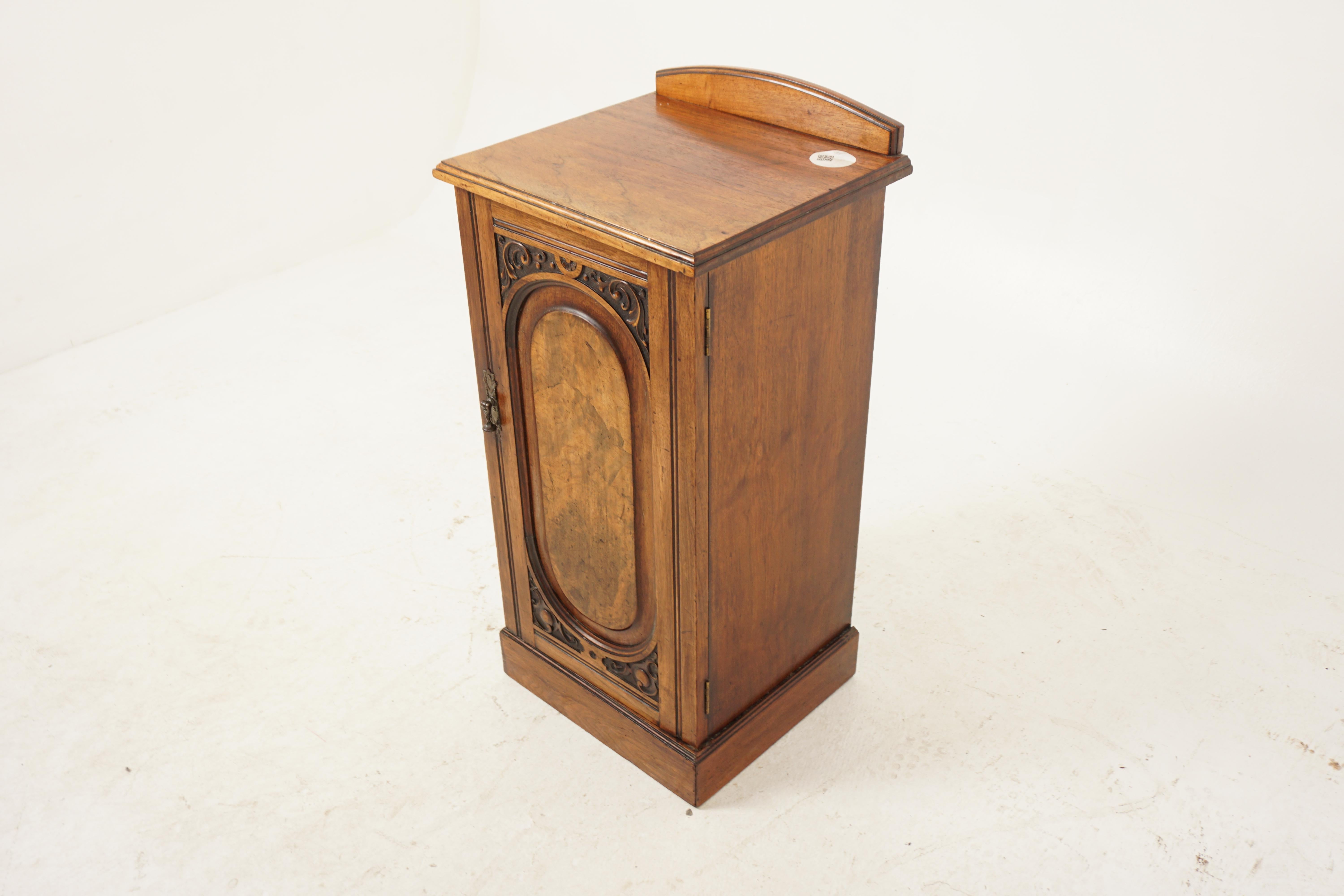Antique Walnut Nightstand, Victorian Lamp and Bedside Table, Antique Furniture, Scotland 1880, H1066

Scotland 1880
Solid walnut veneer
Original finish
Rectangular moulded top with pediment on the back
Carved single door with paneled