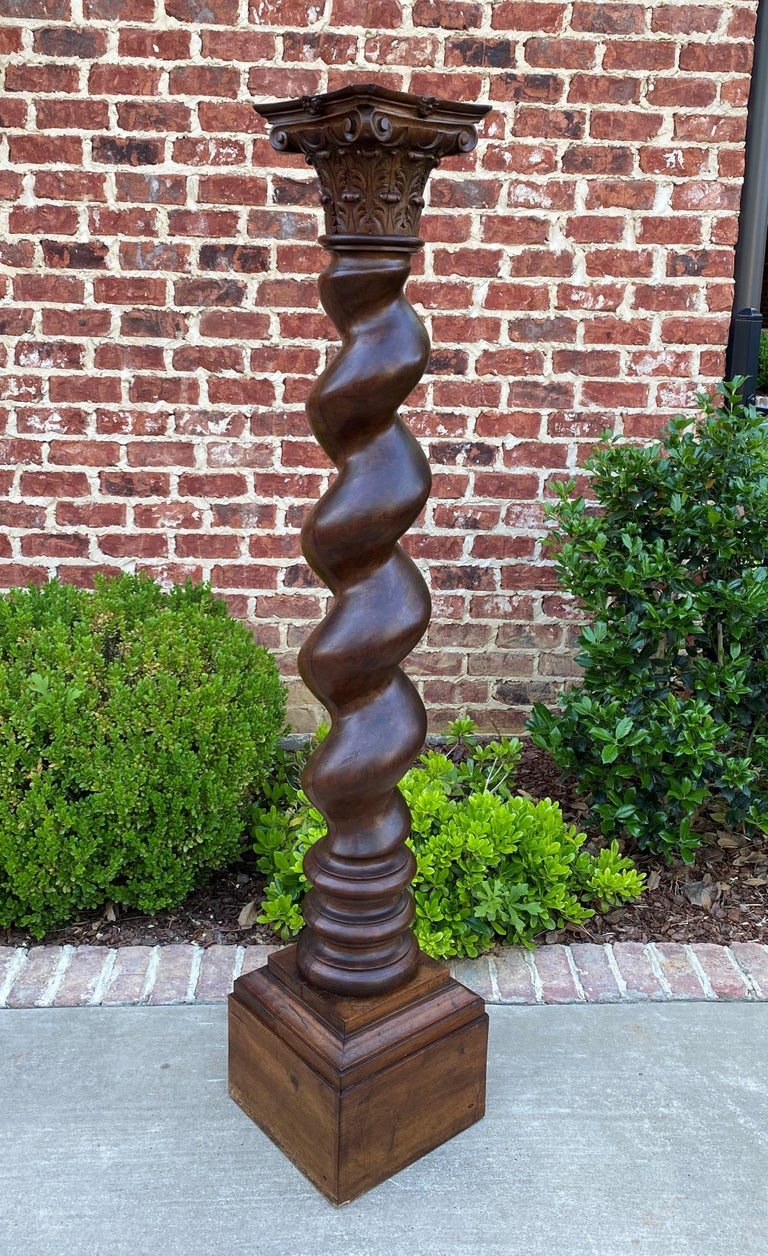 Antique Walnut Pedestal Plant Stand Bronze Display Table Barley Twist