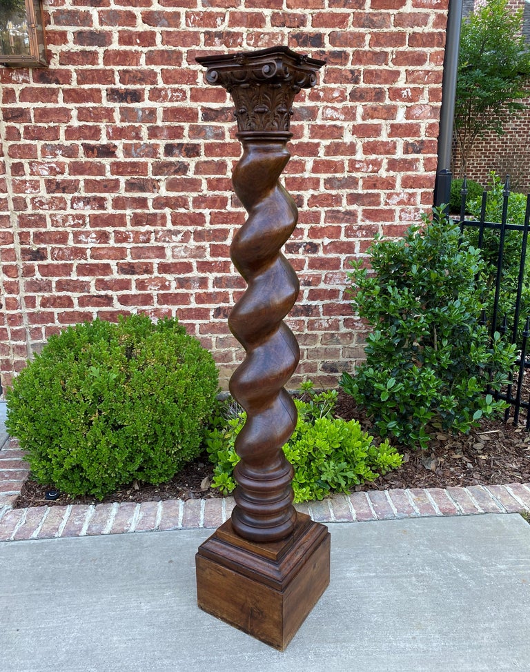 Antique Walnut Pedestal Plant Stand Bronze Display Table Barley Twist
