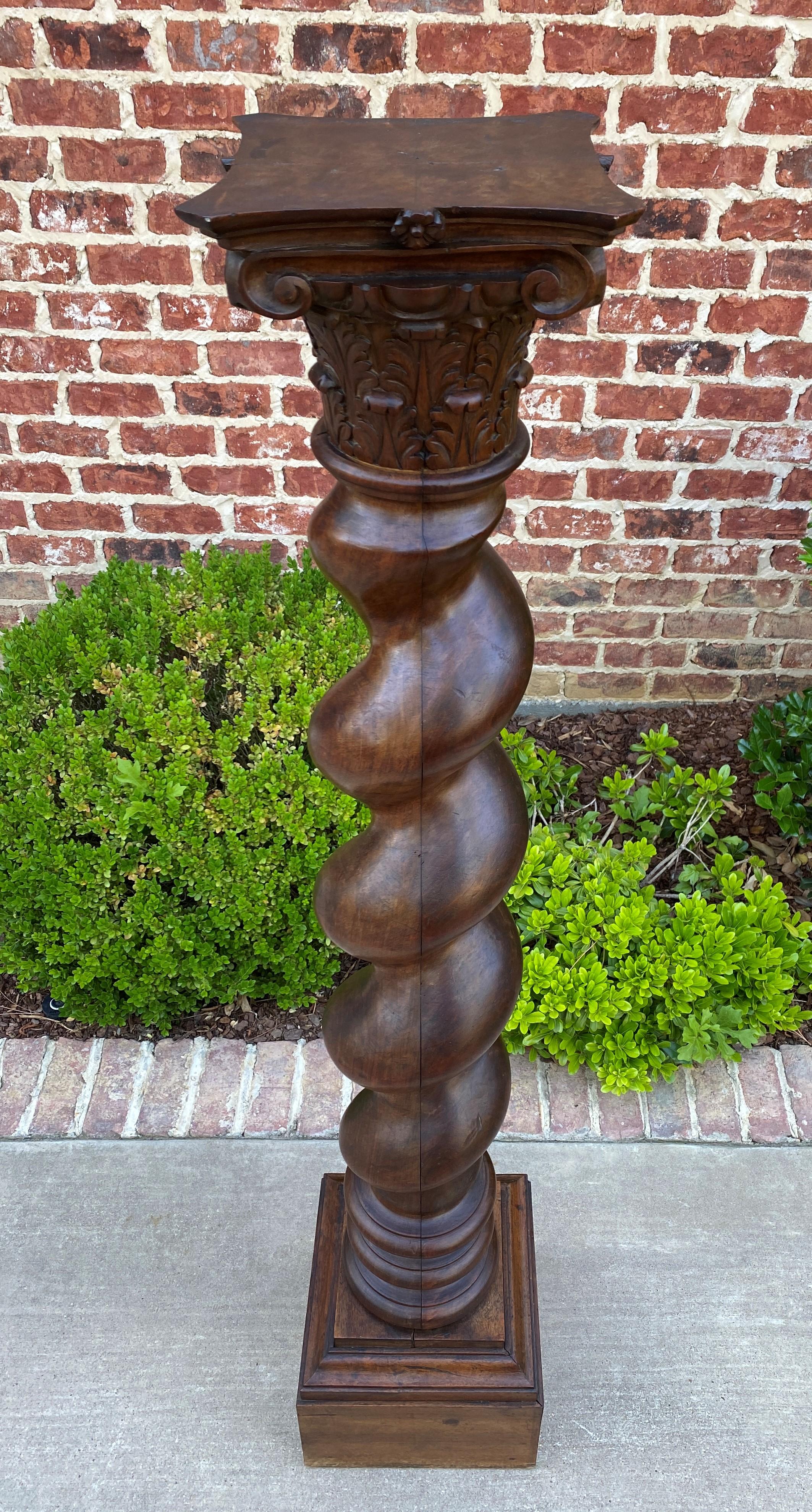 Carved Antique Walnut Pedestal Plant Stand Bronze Display Table Barley Twist