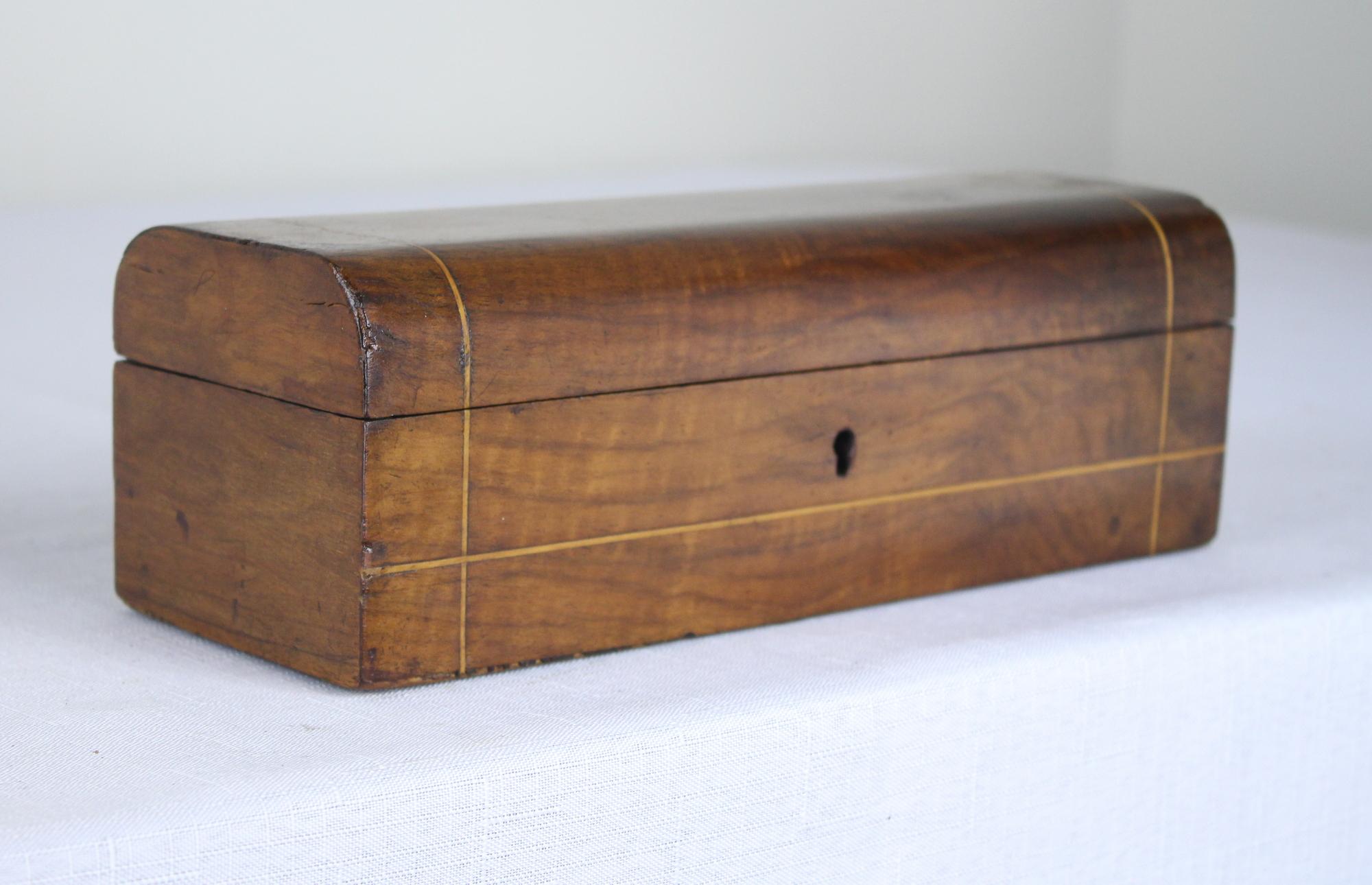 English Antique Walnut Pencil Box with Satinwood String Inlay