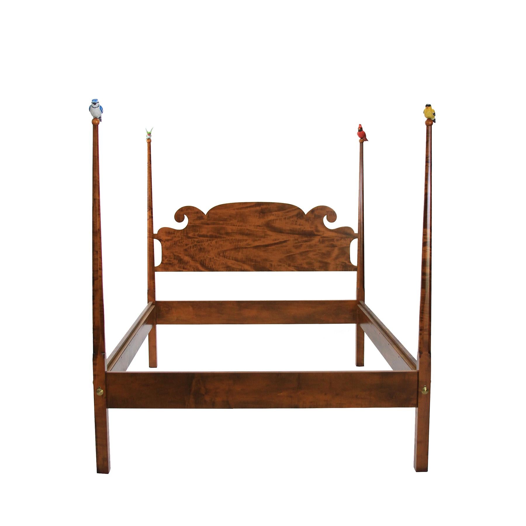 Contemporary Antique Walnut Pencil Post Bed with Hand Carved Folk Art Bird Finials King Sized