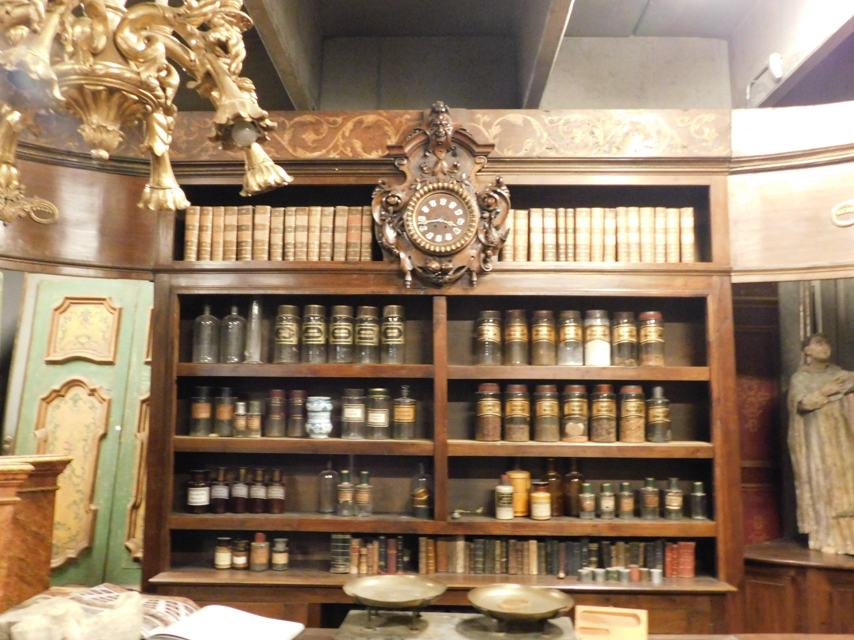 Antique Walnut Pharmacy Cabinet with Counter and Clock, Dated 1844, Italy 5