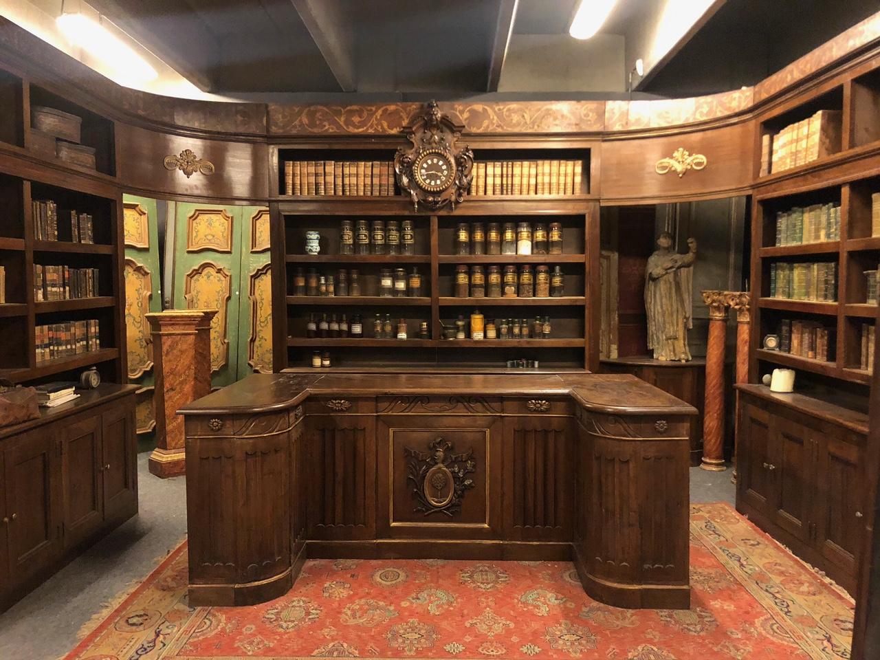 Antique Walnut Pharmacy Cabinet with Counter and Clock, Dated 1844, Italy 6