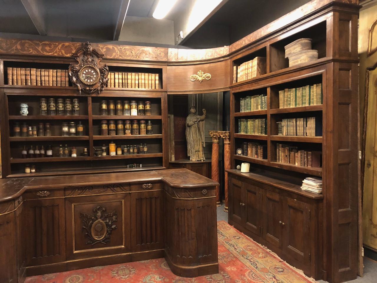 Antique Walnut Pharmacy Cabinet with Counter and Clock, Dated 1844, Italy 7