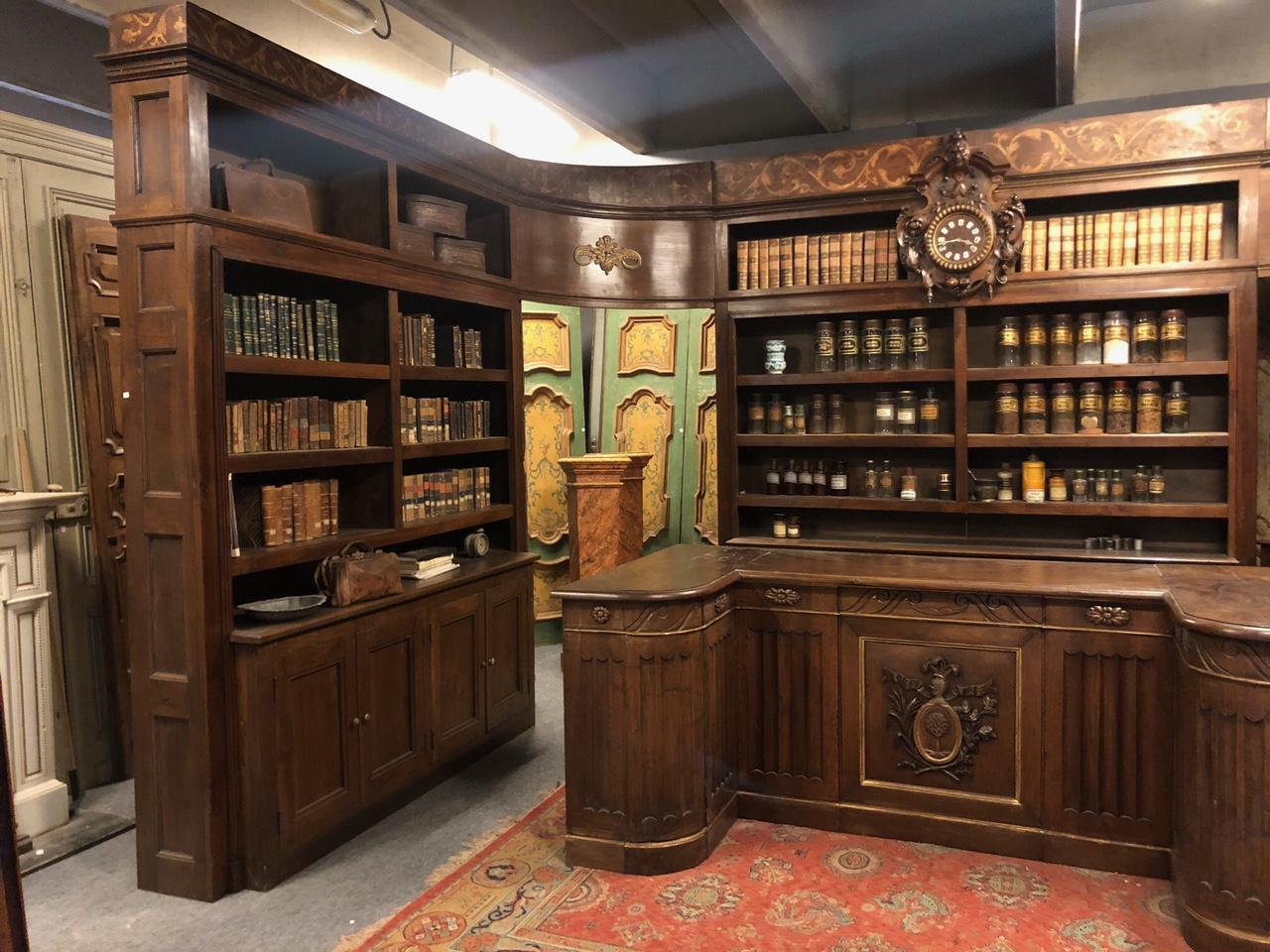 Antique Walnut Pharmacy Cabinet with Counter and Clock, Dated 1844, Italy 8