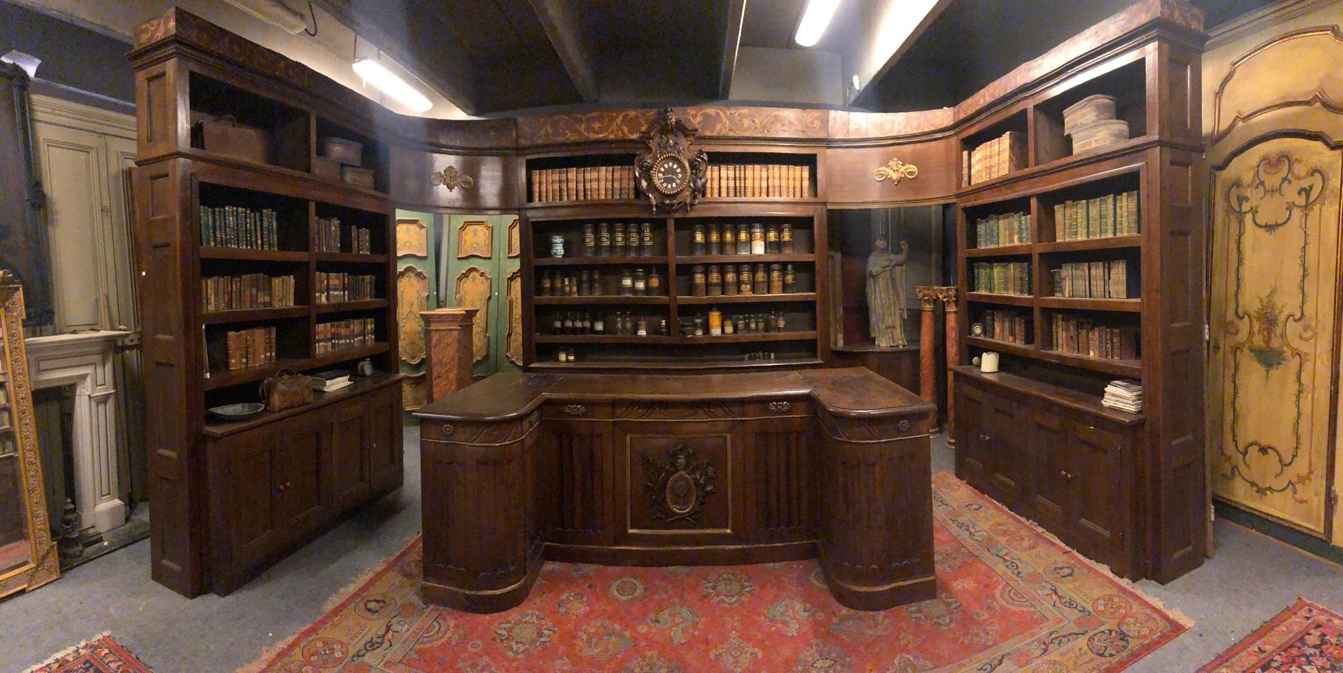 Italian Antique Walnut Pharmacy Cabinet with Counter and Clock, Dated 1844, Italy