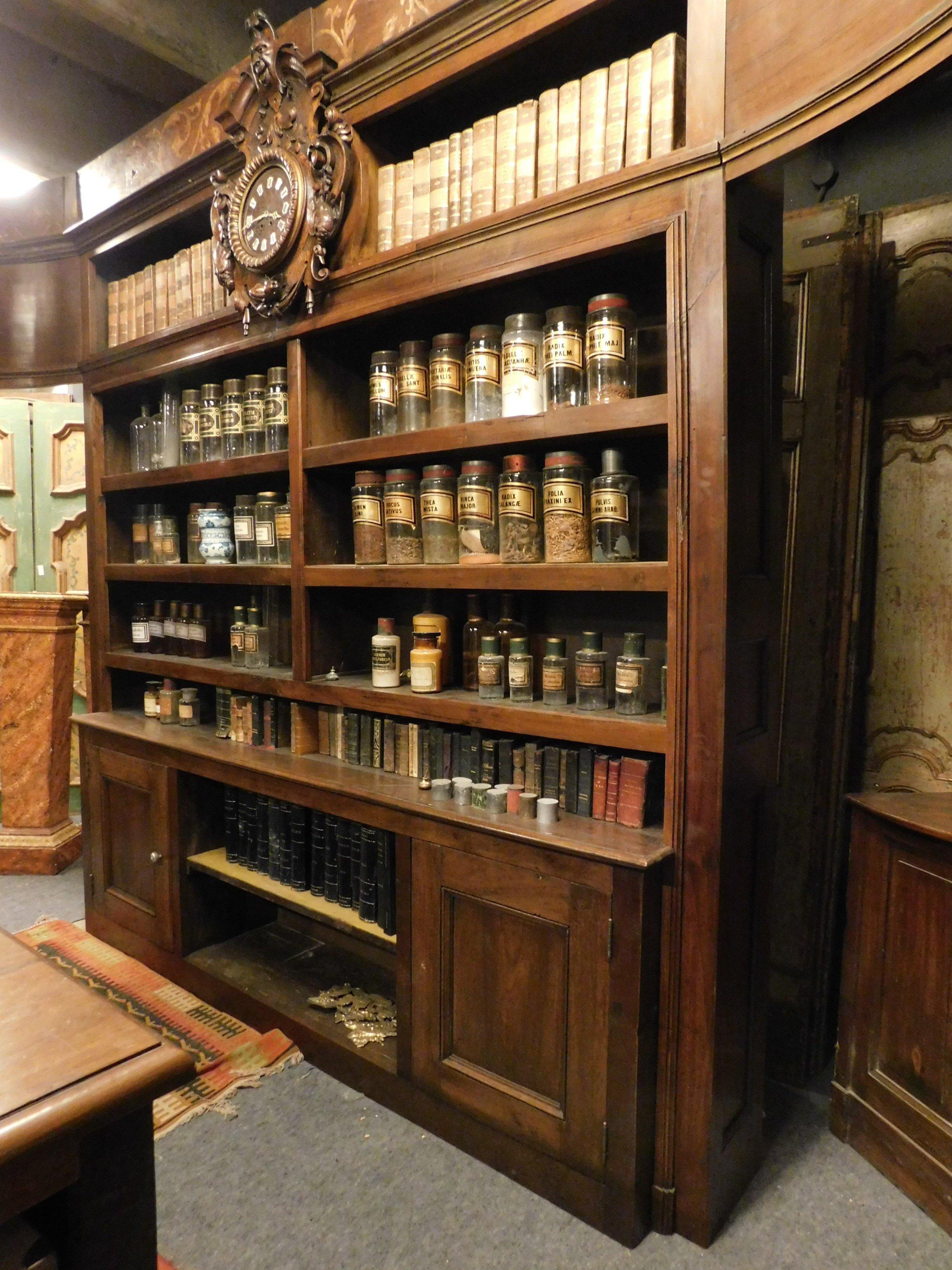 Antique Walnut Pharmacy Cabinet with Counter and Clock, Dated 1844, Italy 1