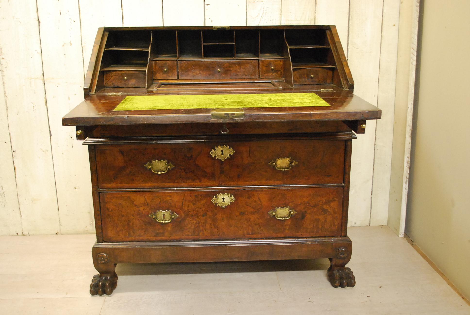 British Antique Walnut Queen Anne Period Writing Bureau For Sale