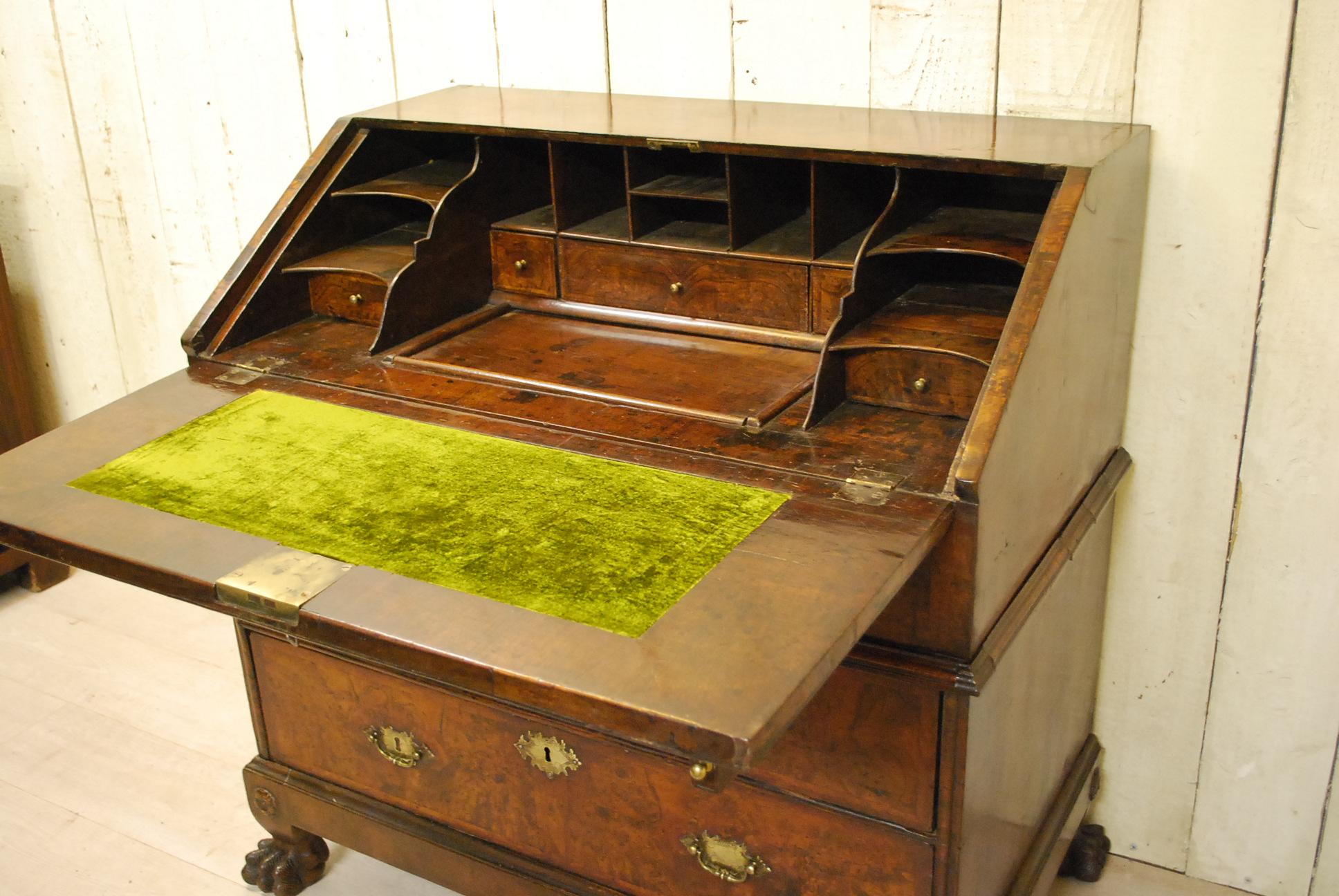 Veneer Antique Walnut Queen Anne Period Writing Bureau For Sale