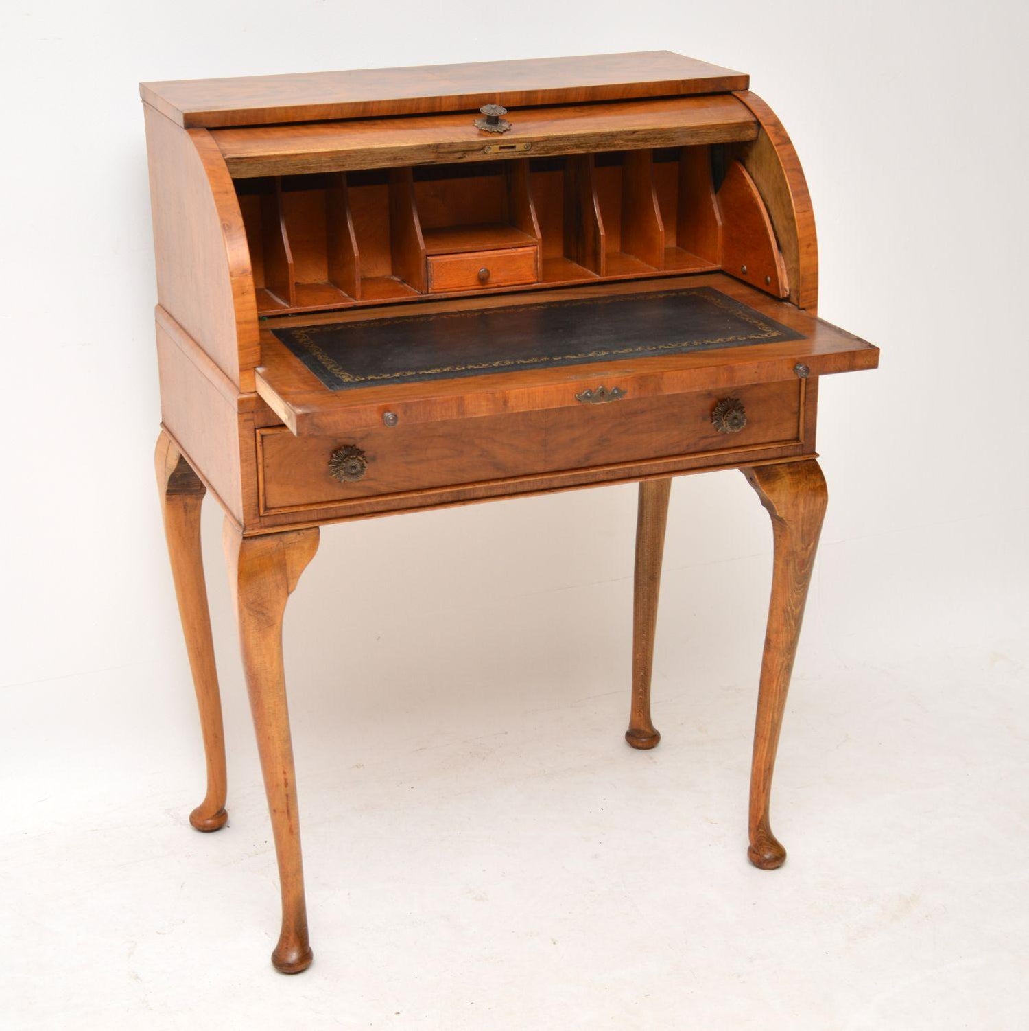 Antique Walnut Queen Anne Style Cylinder Top Writing Bureau For