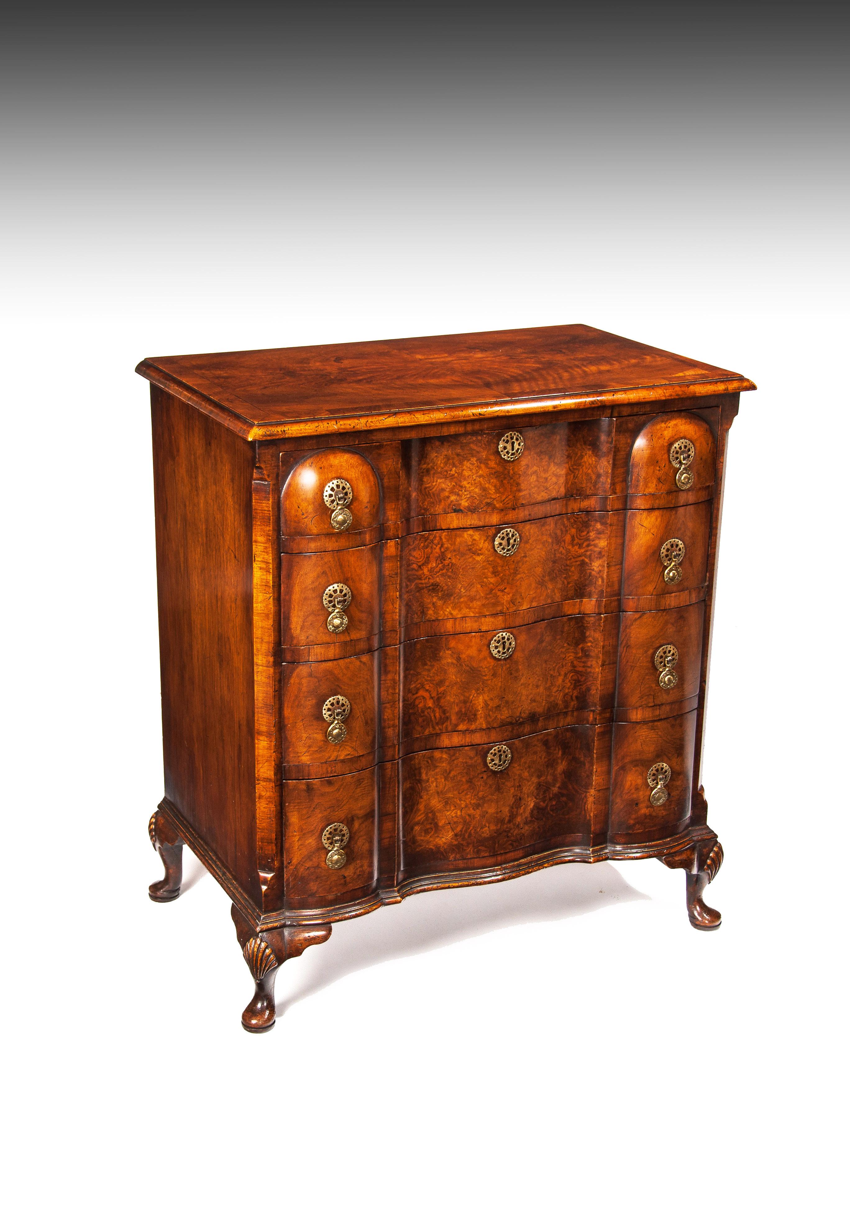 English Antique Walnut Queen Anne Style Shaped Front Chest of Drawers