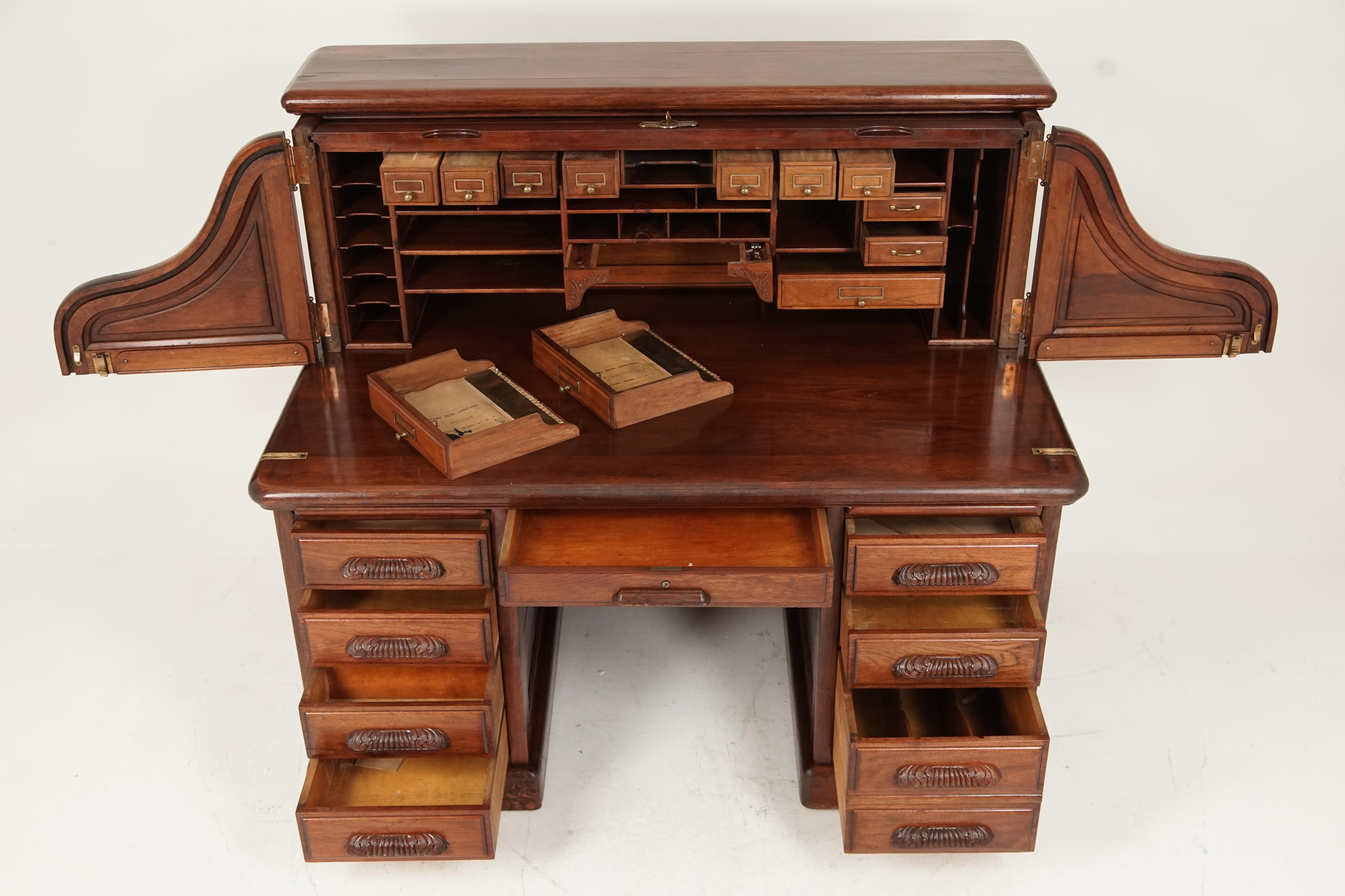 North American Antique Walnut Roll Top Desk by Derby Boston, America 1880