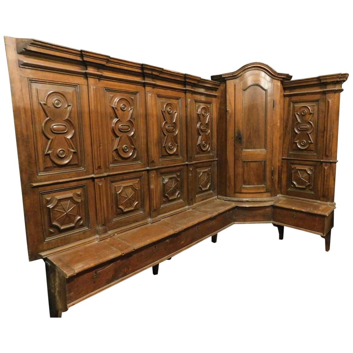 Antique walnut Sacristy choir, seats & corner cupboards, opening seats, '500 Italy For Sale