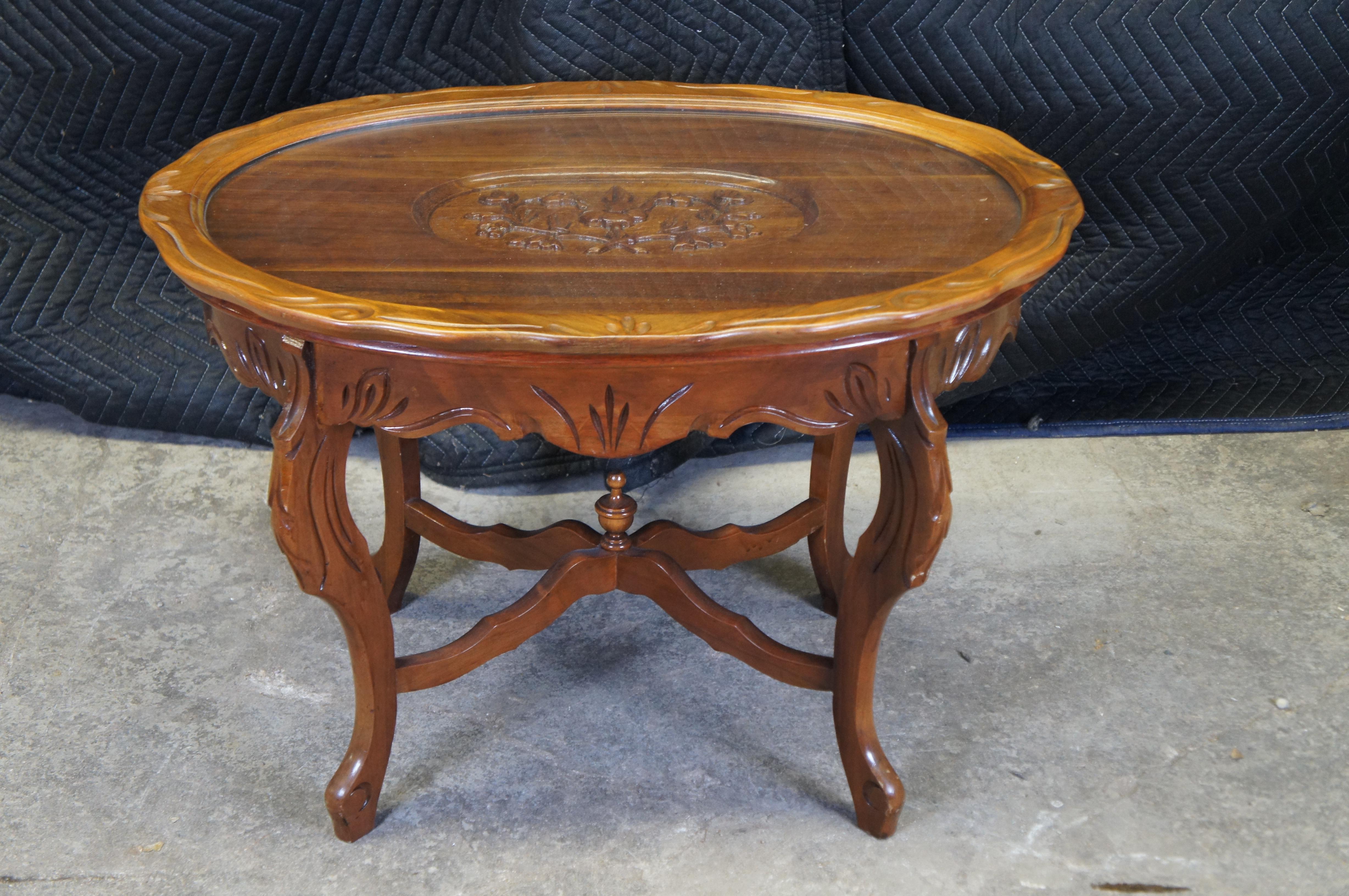 Antique Walnut Scalloped Floral Oval Coffee Cocktail Tray Serving Table 29