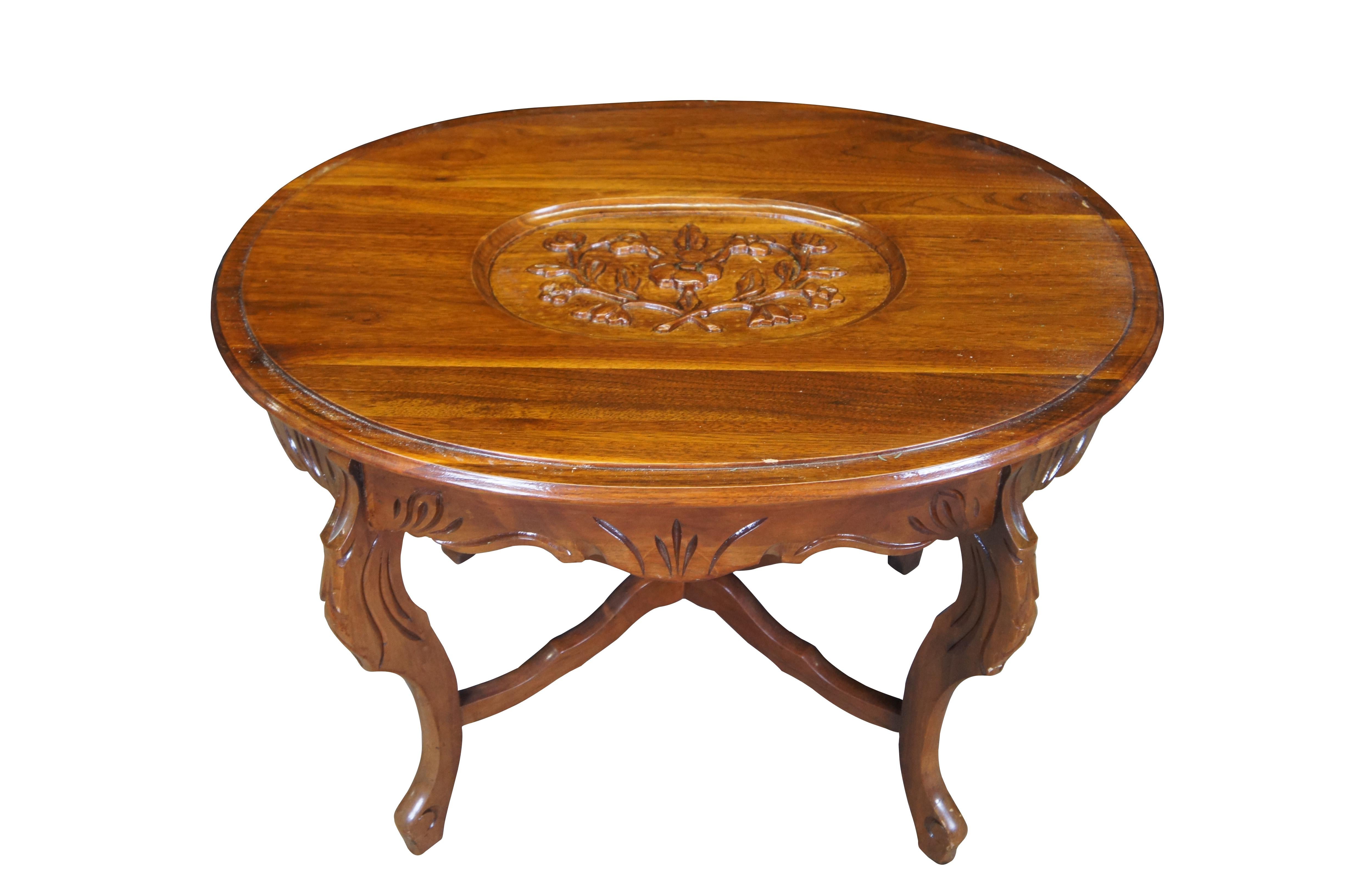 Antique Walnut Scalloped Floral Oval Coffee Cocktail Tray Serving Table 29