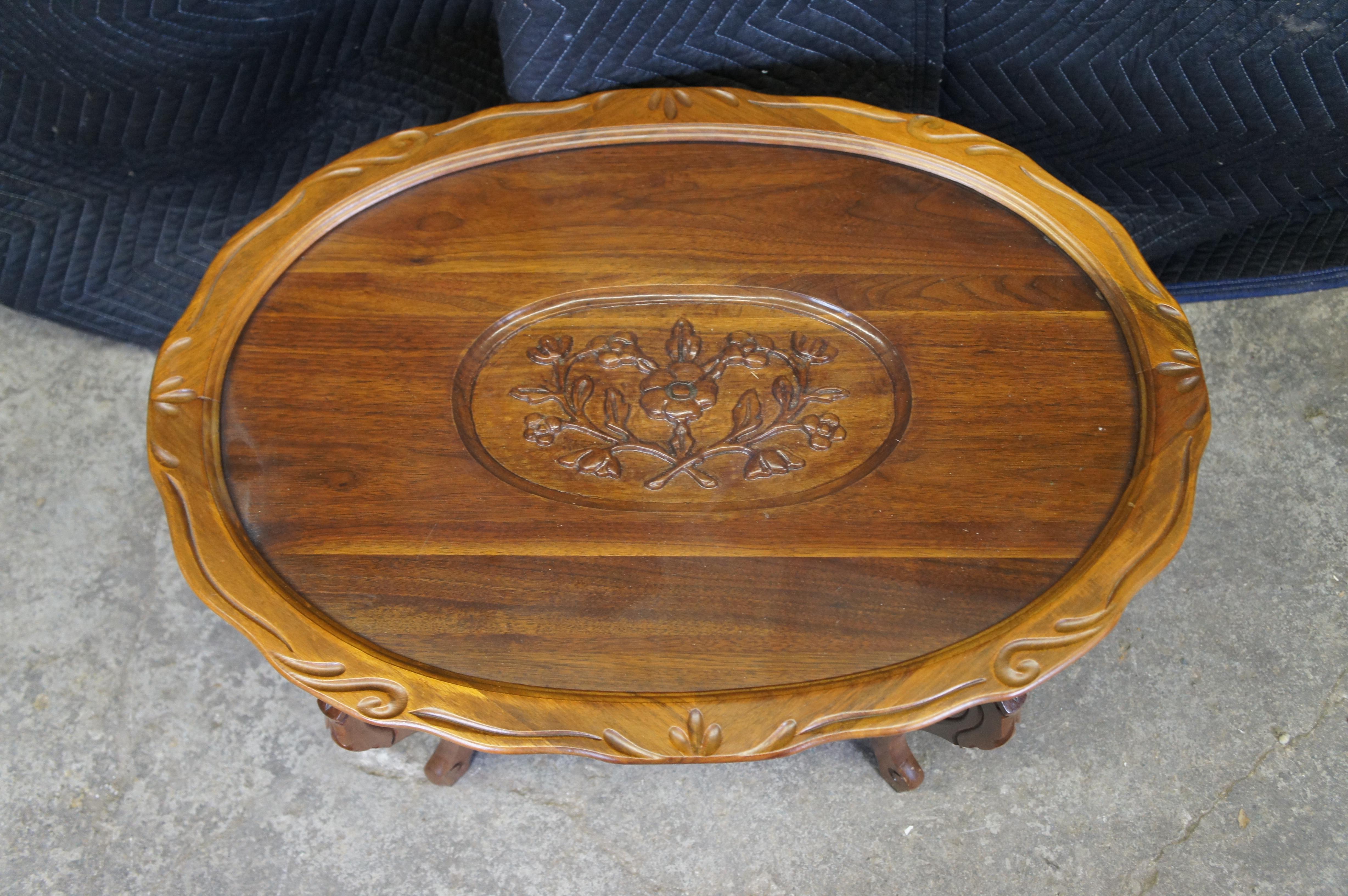 20th Century Antique Walnut Scalloped Floral Oval Coffee Cocktail Tray Serving Table 29