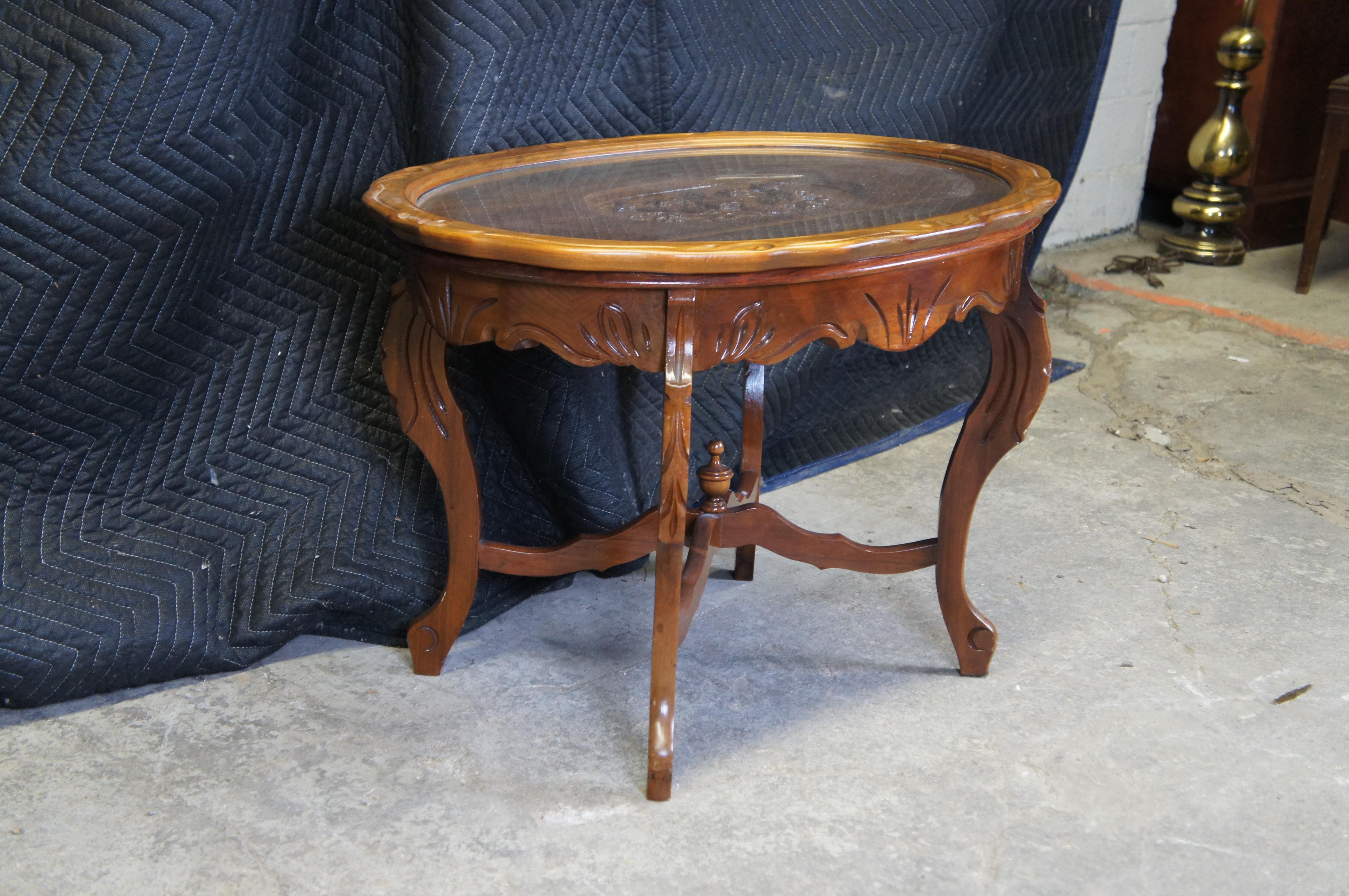 Glass Antique Walnut Scalloped Floral Oval Coffee Cocktail Tray Serving Table 29