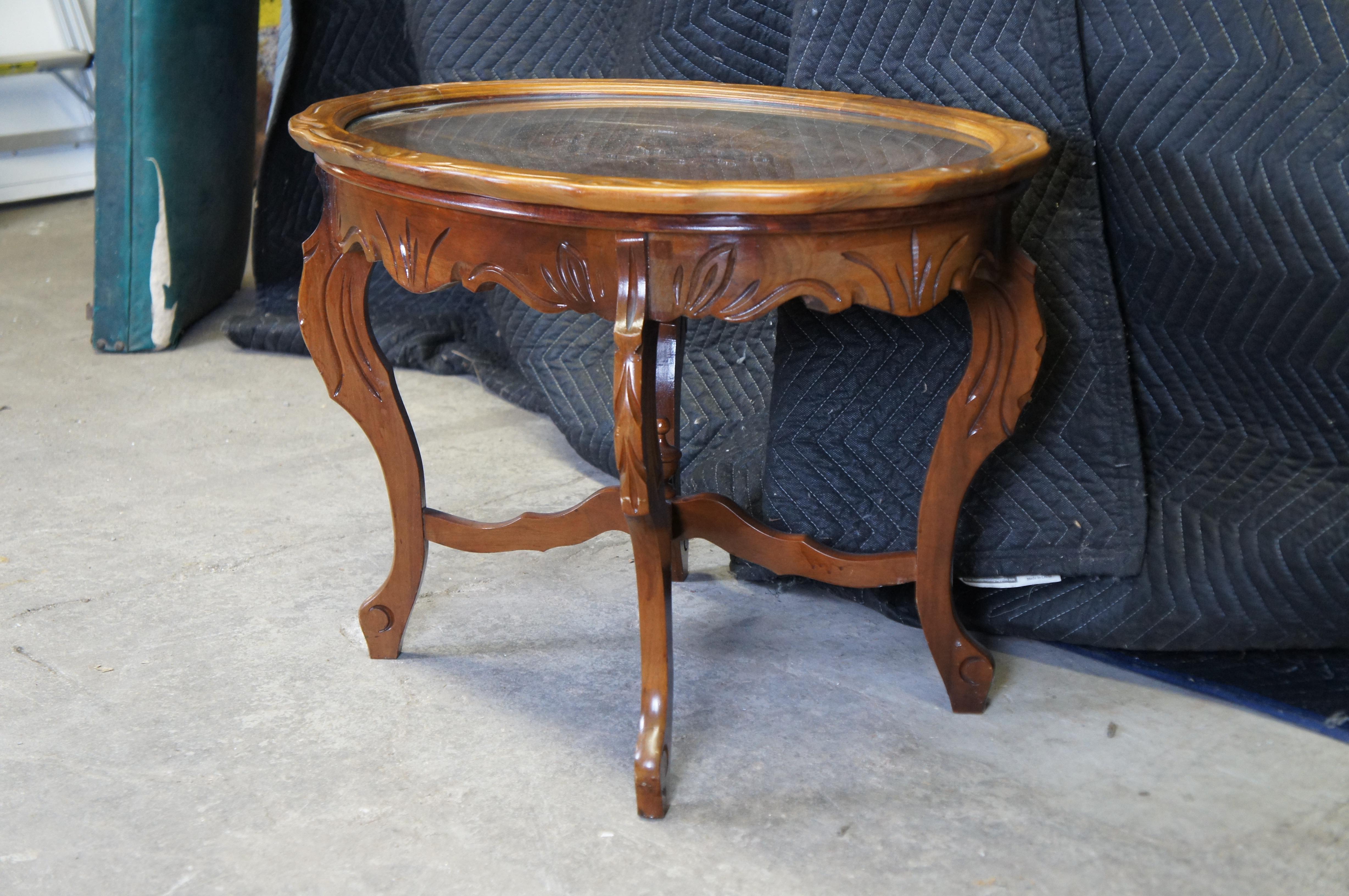 Antique Walnut Scalloped Floral Oval Coffee Cocktail Tray Serving Table 29