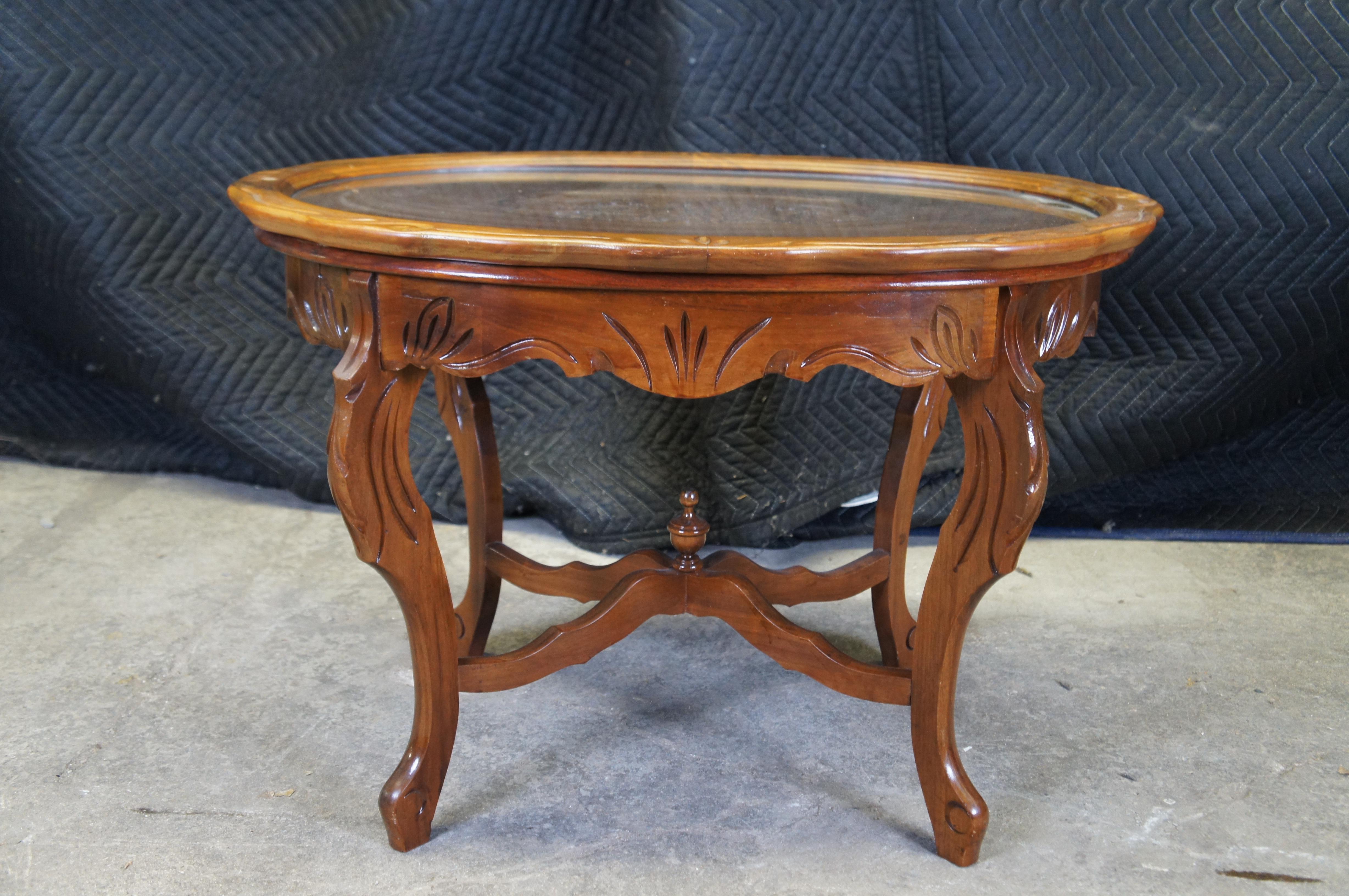 Antique Walnut Scalloped Floral Oval Coffee Cocktail Tray Serving Table 29
