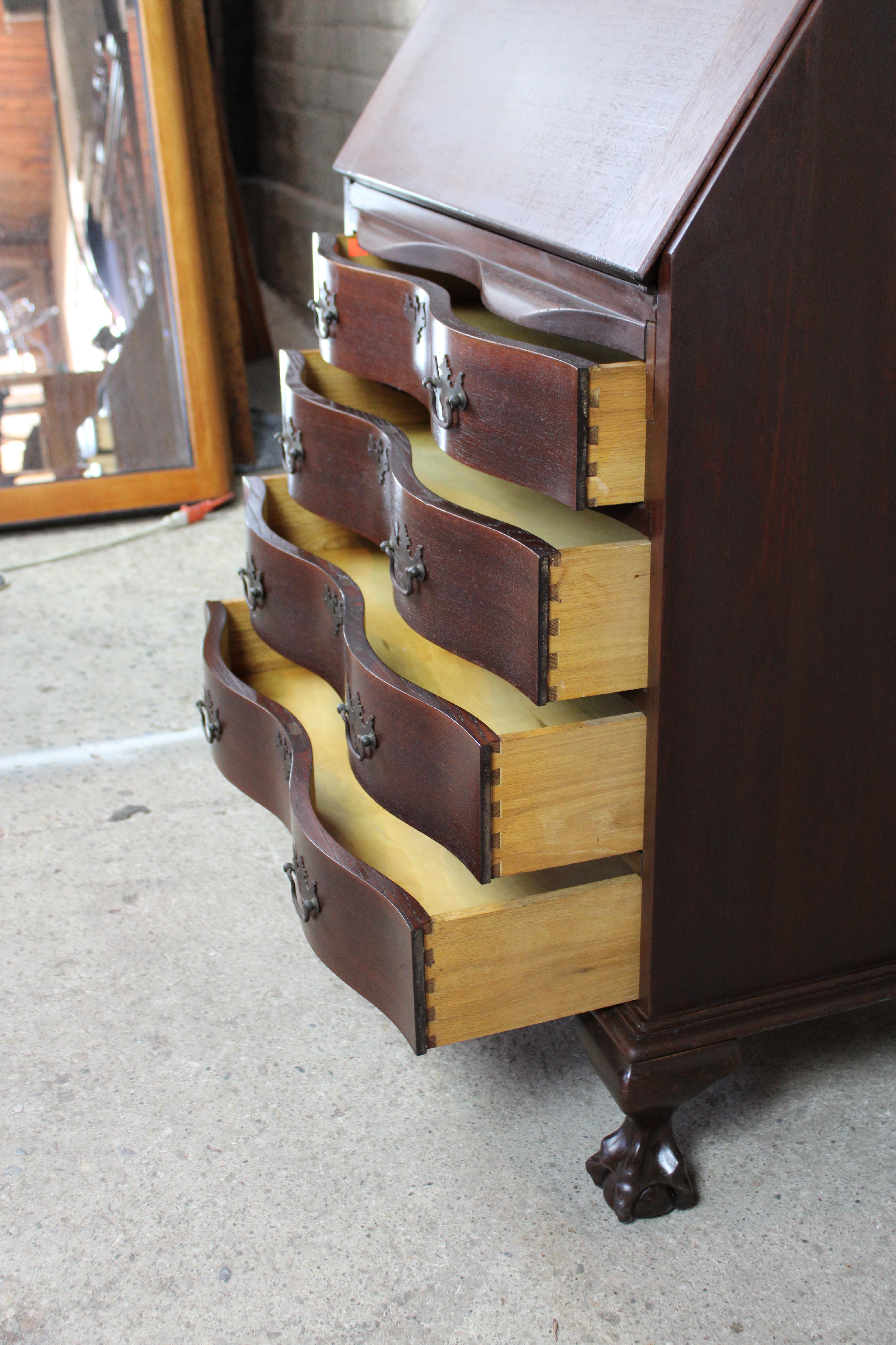 Antique Walnut Serpentine Secretary Desk Chippendale Style Bookcase Oxbow 2