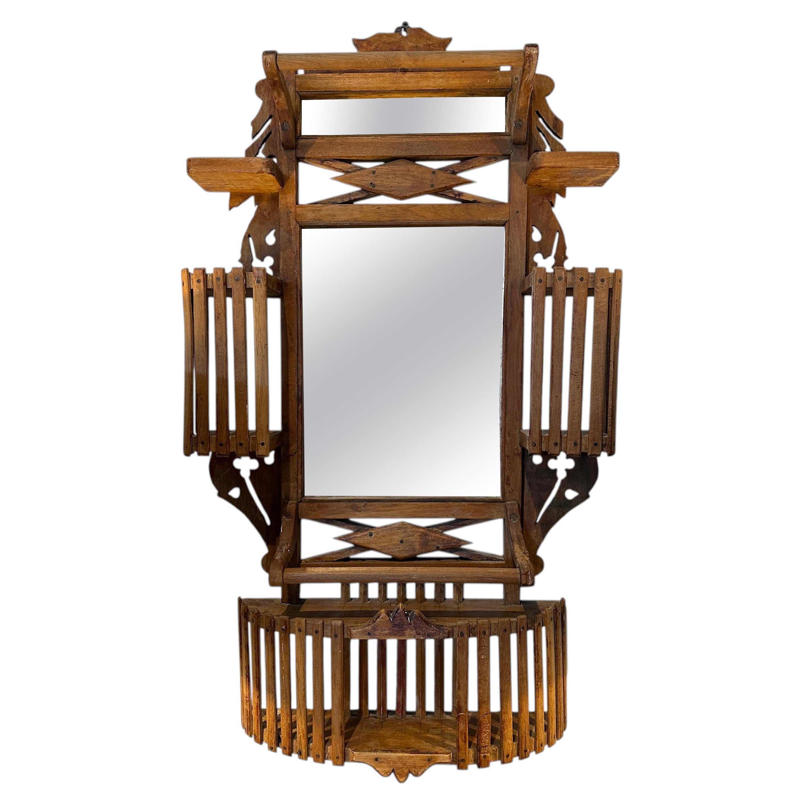 Antique Walnut Shaving Mirror with Walnut Slat Wood Design For Sale