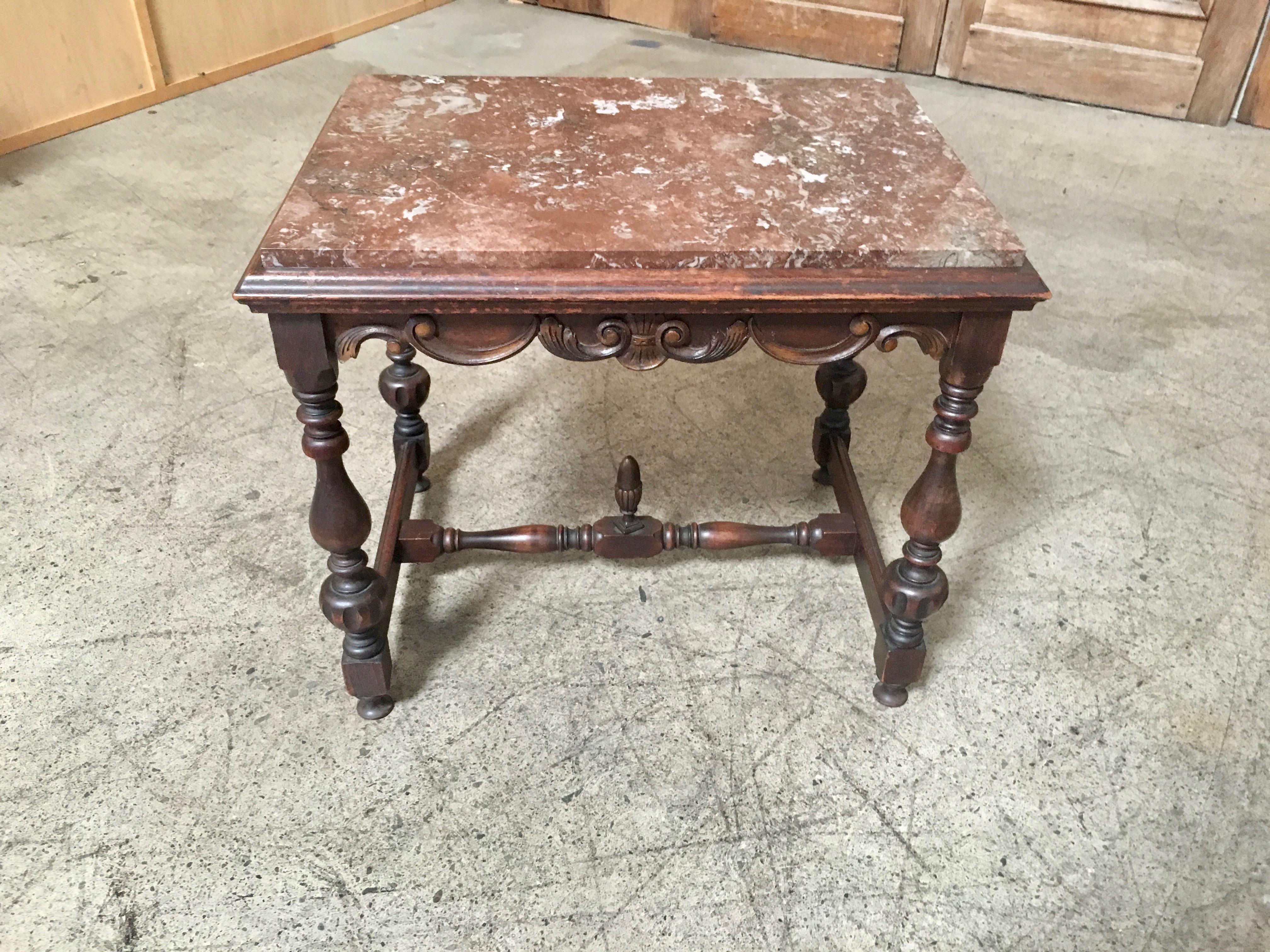 Great size end table hand-carved walnut with Rouge colored marble-top.