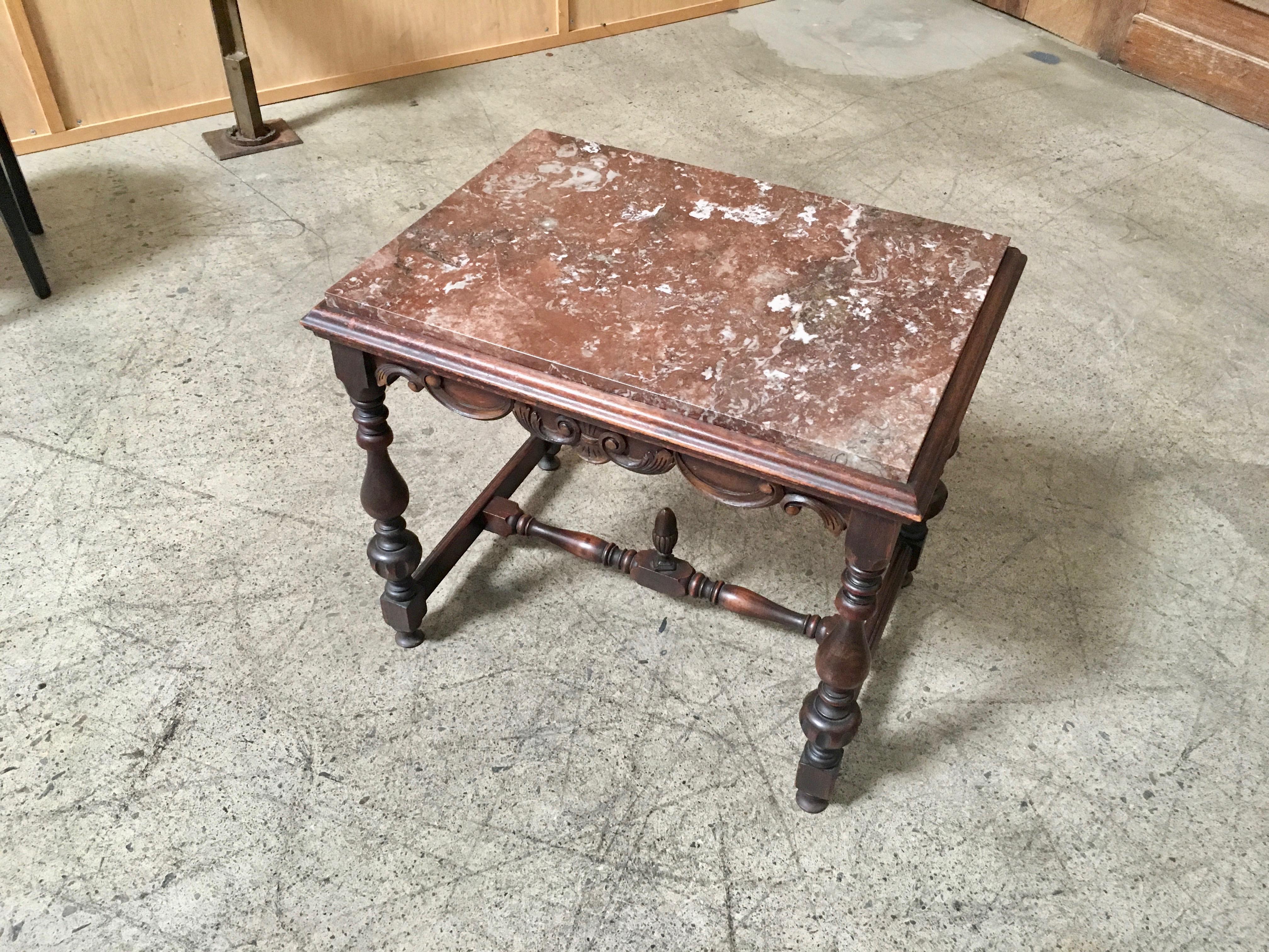 Antique Walnut Side Table with Rouge Marble-Top In Good Condition In Denton, TX