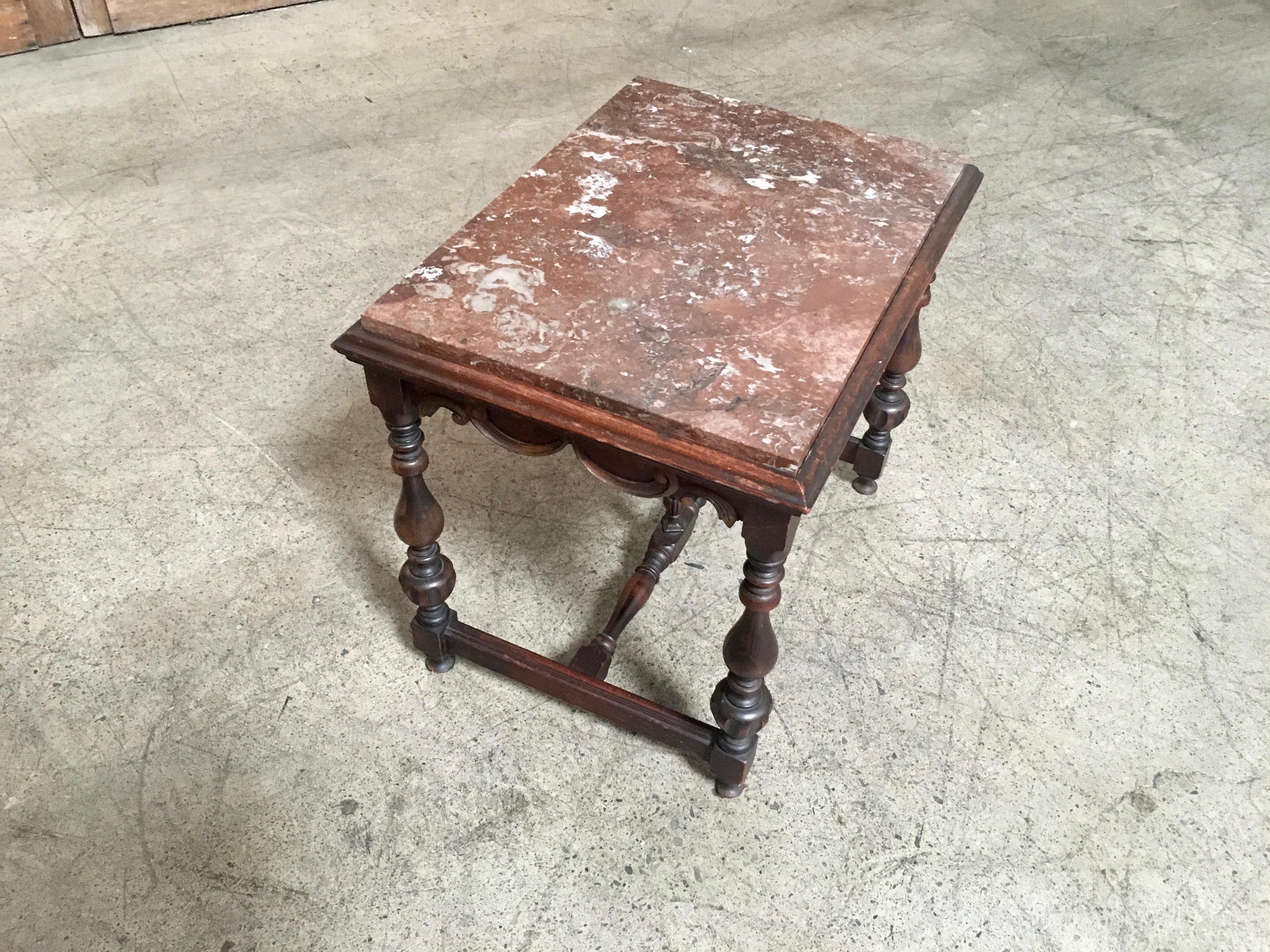 20th Century Antique Walnut Side Table with Rouge Marble-Top