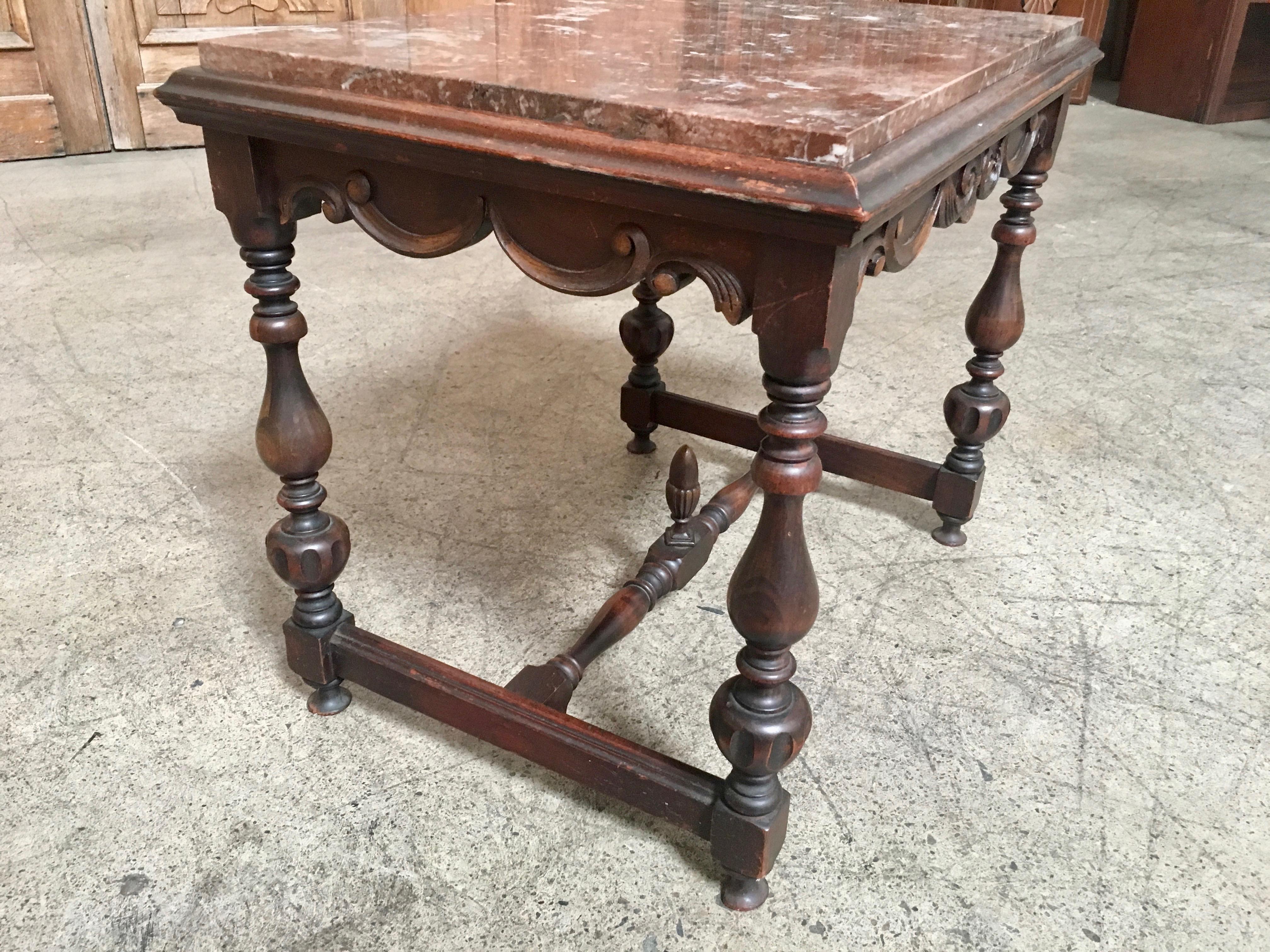 Antique Walnut Side Table with Rouge Marble-Top 1