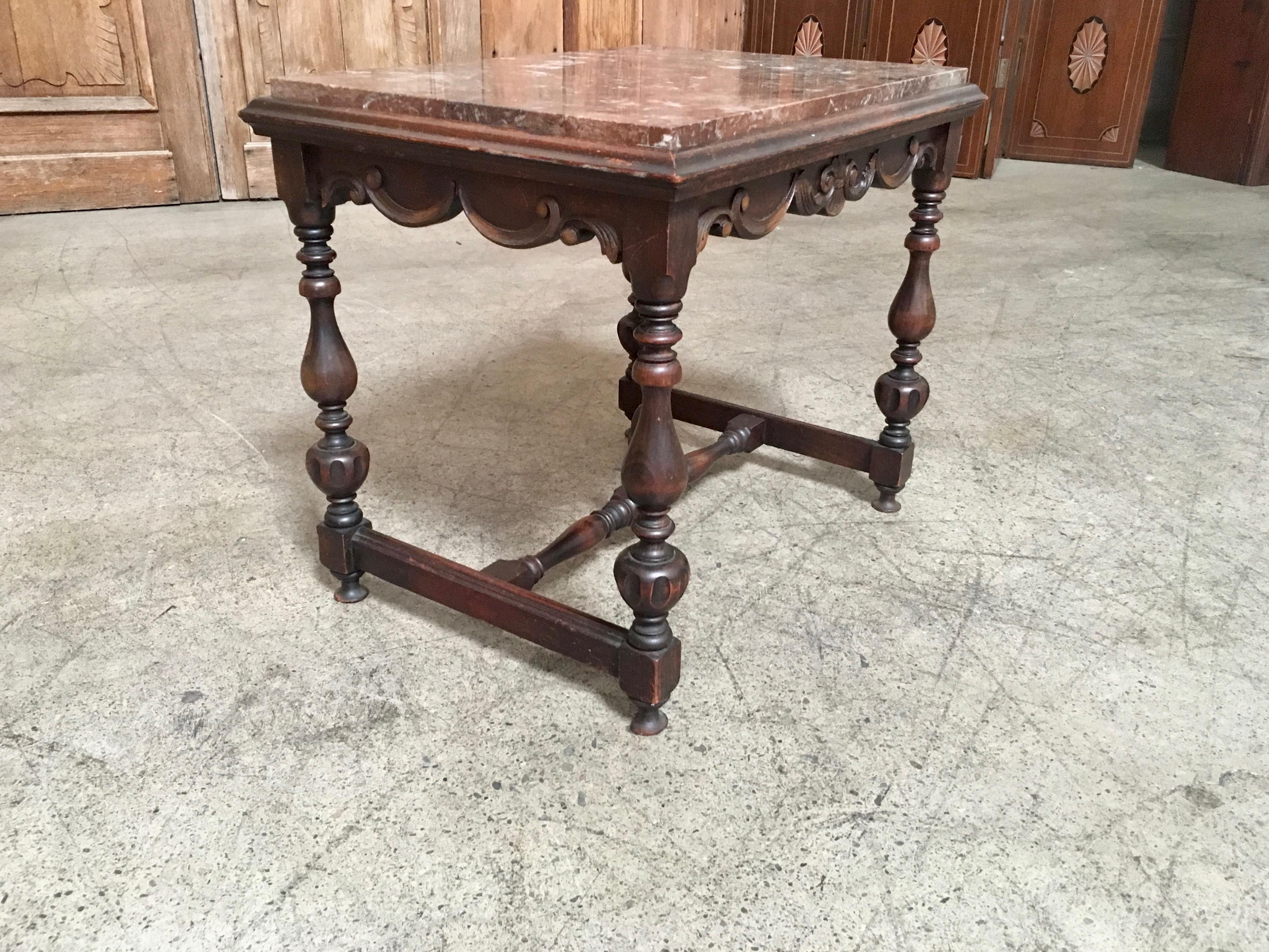 Antique Walnut Side Table with Rouge Marble-Top 2