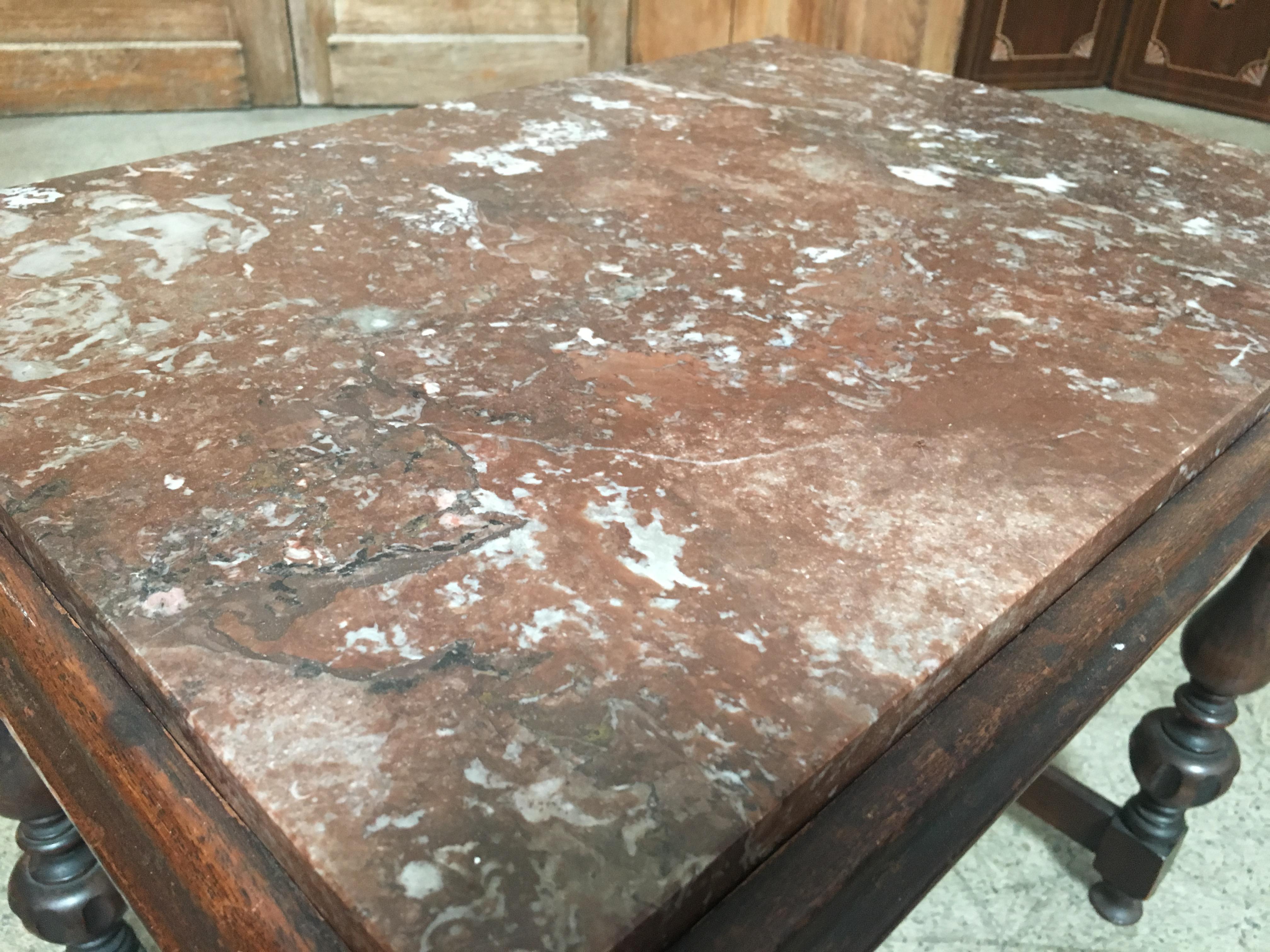 Antique Walnut Side Table with Rouge Marble-Top 4