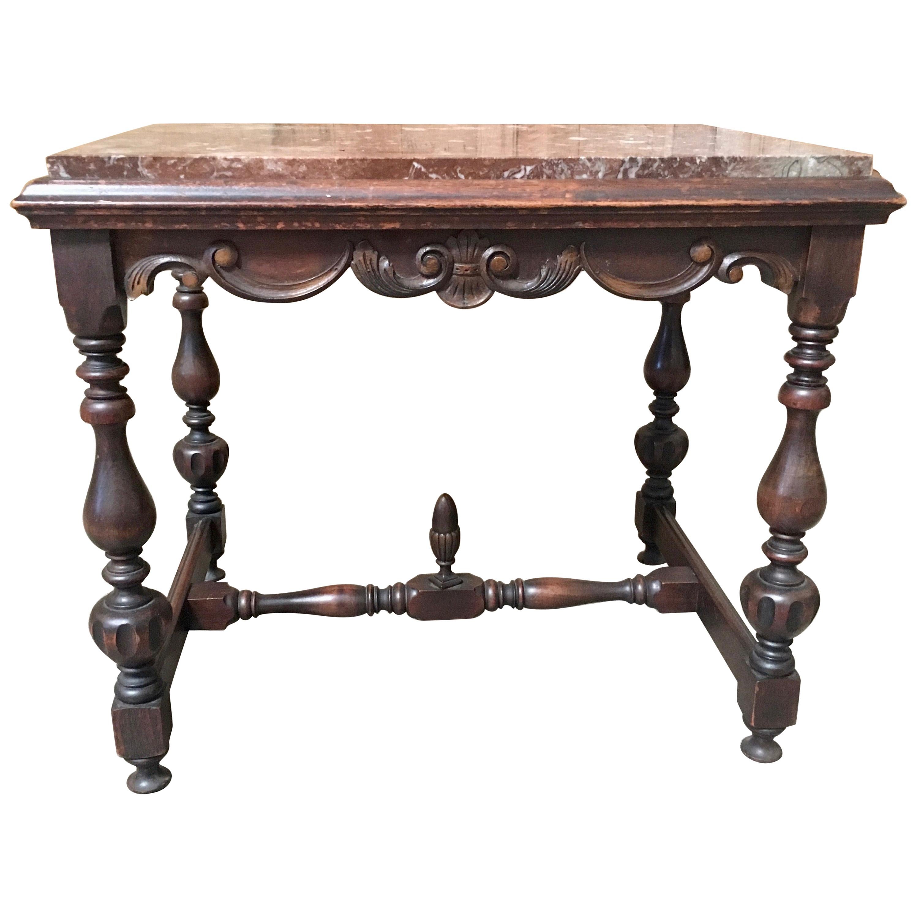 Antique Walnut Side Table with Rouge Marble-Top