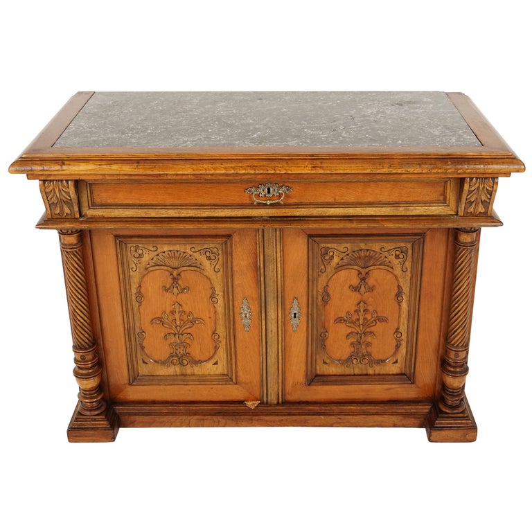 Antique Walnut Sideboard, Carved, Marble Top, Buffet, Server, France