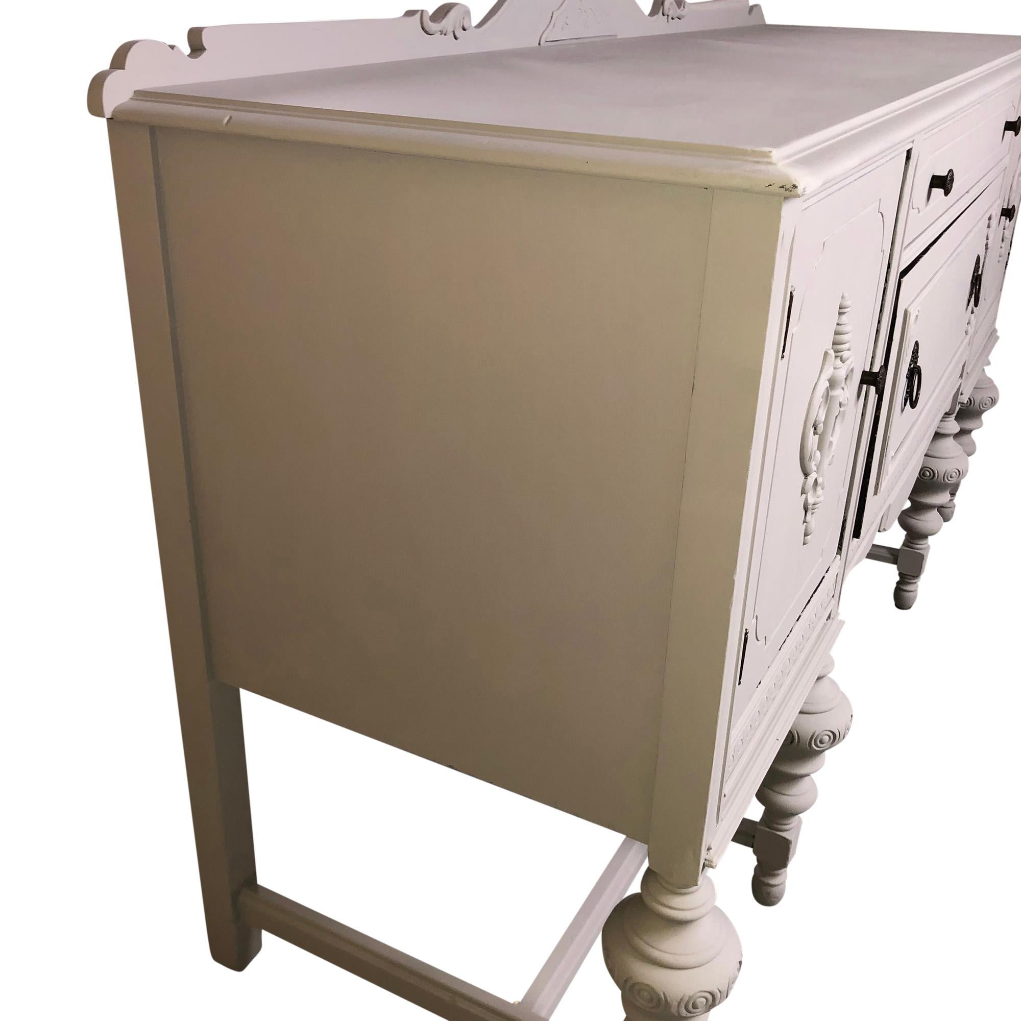 Hand-Painted Antique Walnut Sideboard Chalk Painted Off White For Sale