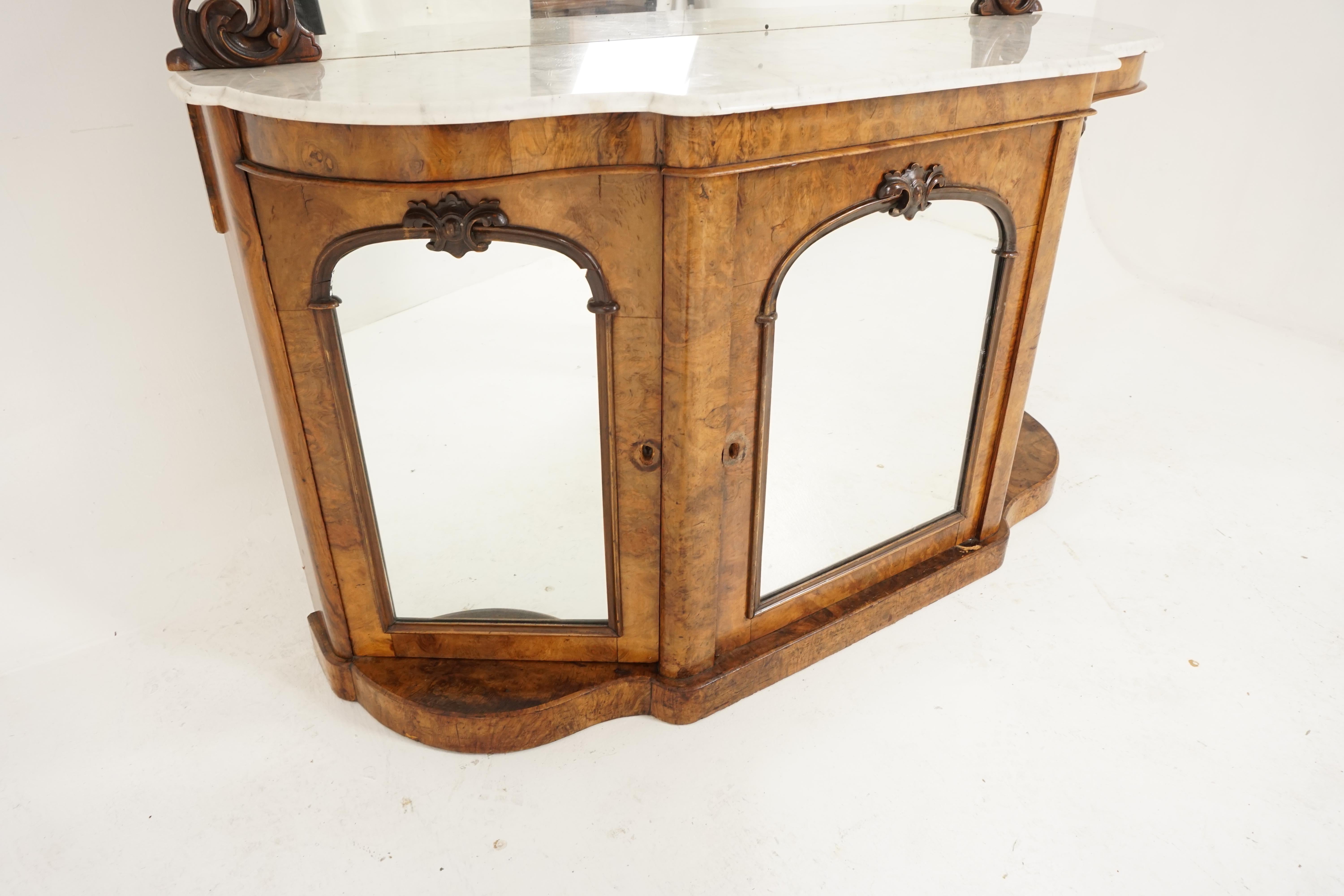 Hand-Crafted Antique Walnut Sideboard, Victorian Figured, Marble Top, Scotland 1860, B2842