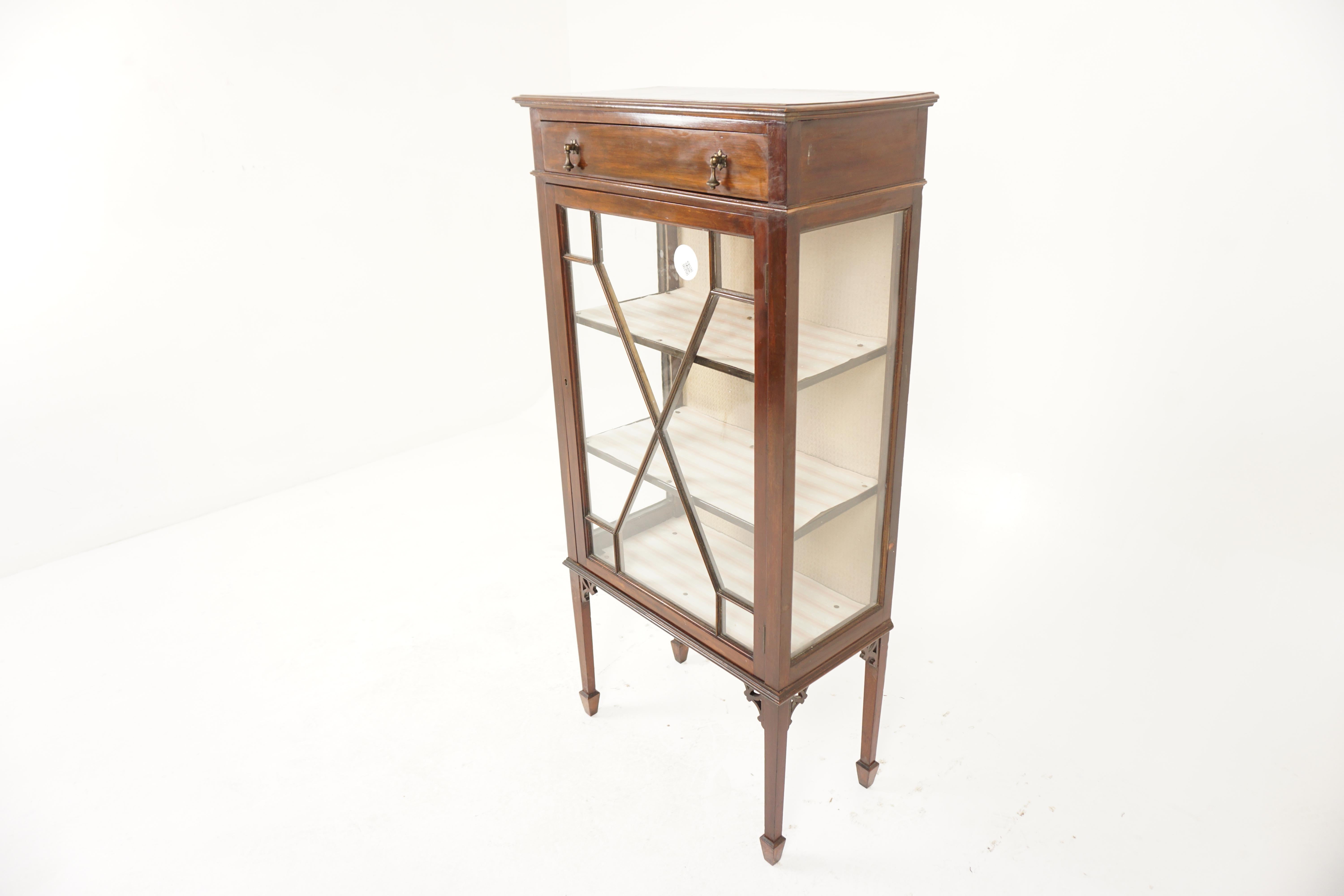Antique Walnut Single Door China Display Cabinet, Scotland 1900, H1105

Solid Walnut
Original finish
Rectangular moulded top 
Single dovetailed drawer below
Original drop handles
Single original eight panel glass doors
Opens to reveal a pair of