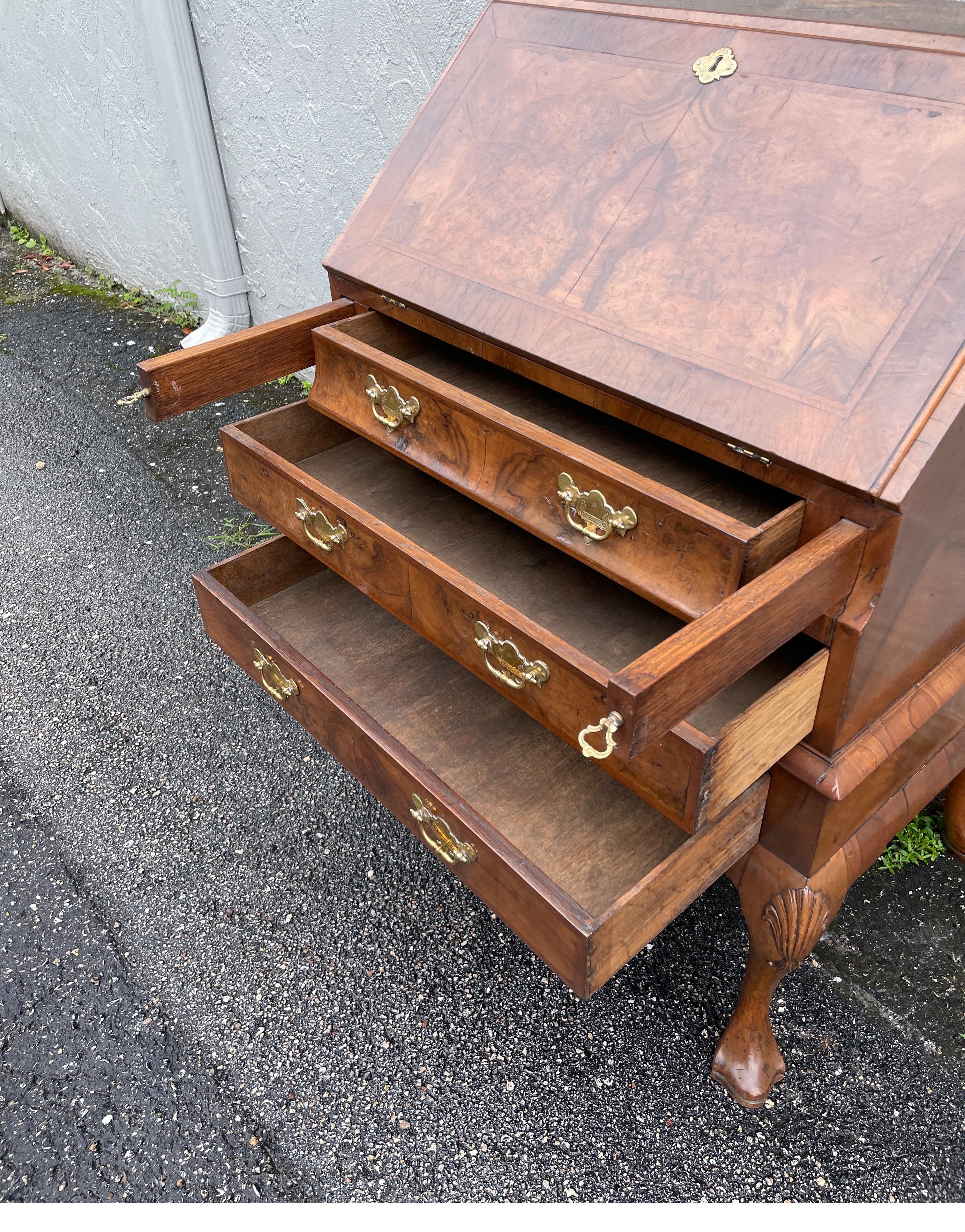 Antique Walnut Slant Front Queen Anne Style Secretary Desk For Sale 3