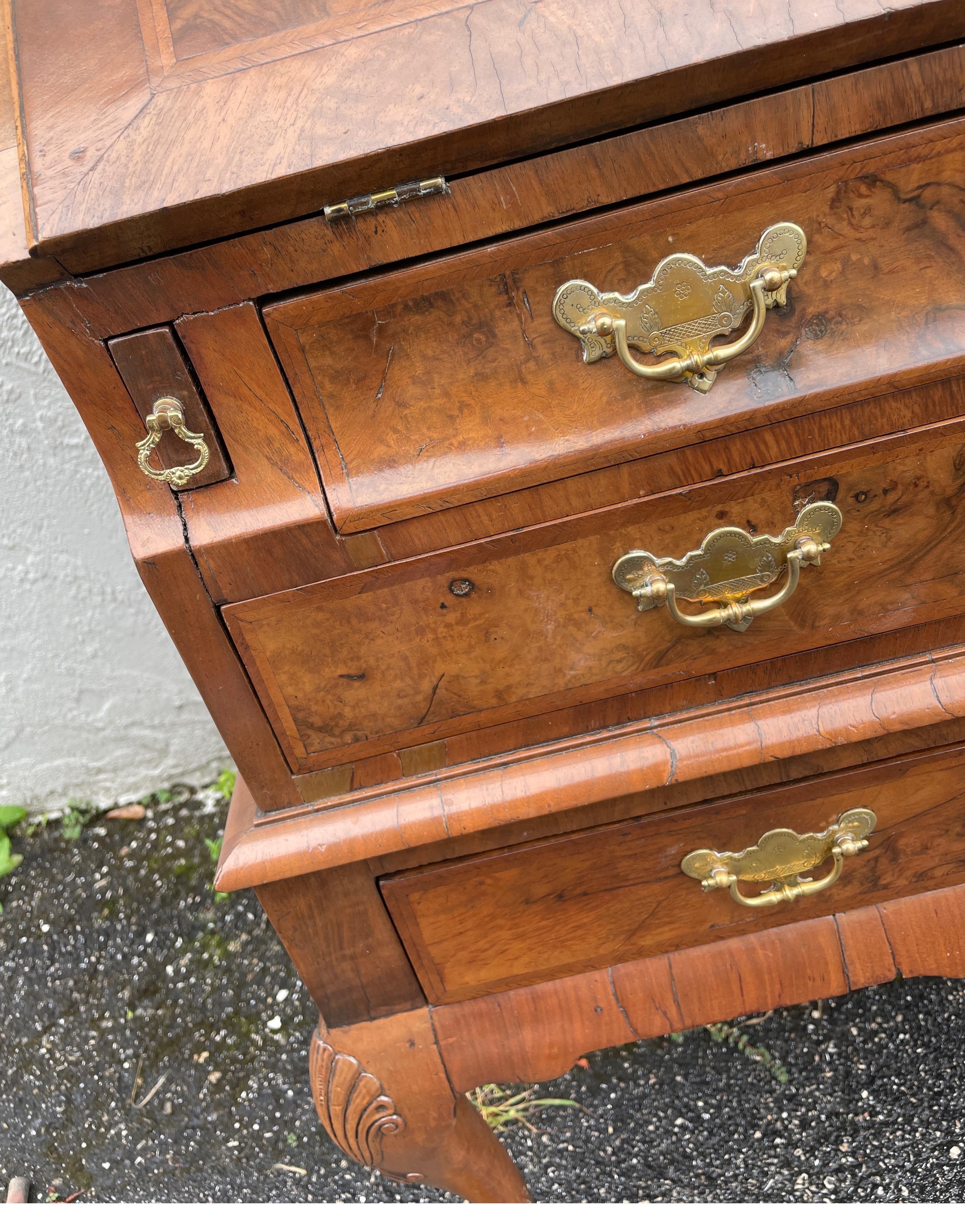 English Antique Walnut Slant Front Queen Anne Style Secretary Desk For Sale