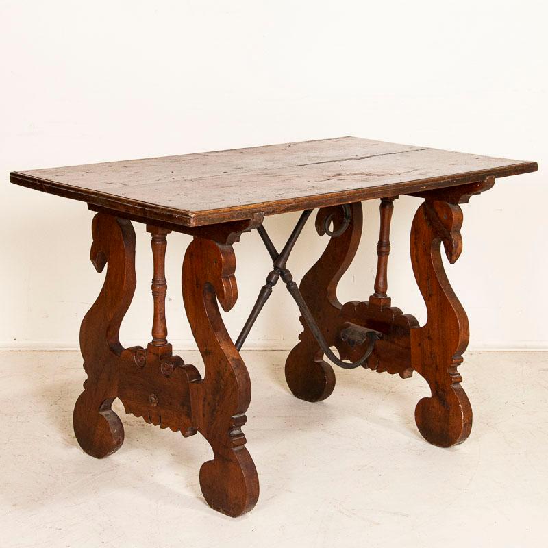 Antique Walnut Spanish Side Table with Wrought Iron Stretchers and Carved Swans  In Good Condition In Round Top, TX