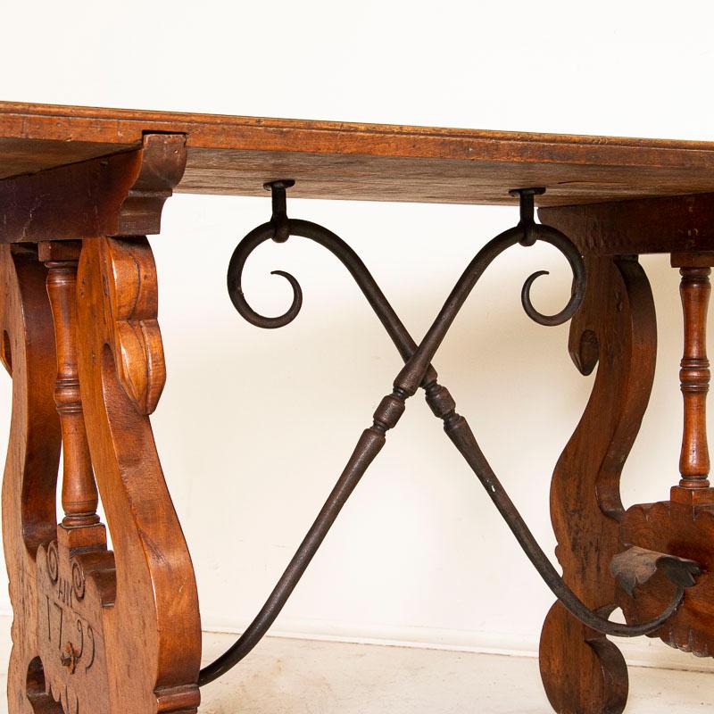 Antique Walnut Spanish Side Table with Wrought Iron Stretchers and Carved Swans  4