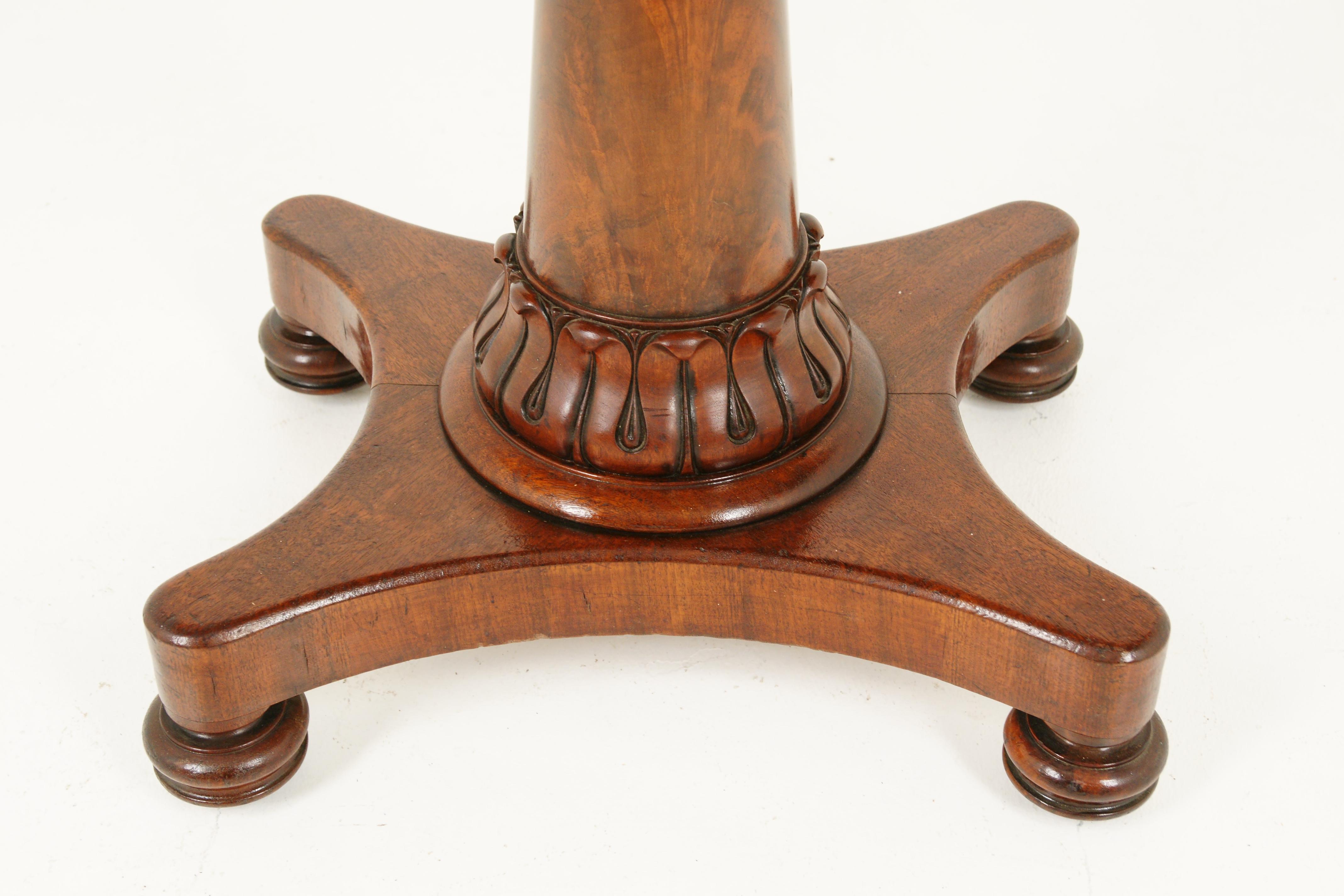 Antique walnut table, fold over swivel top tea table or games table, antique furniture, Scotland 1840, B1765

Scotland, 1840
Solid walnut and Veneers
Original finish
Rectangular top
Fold over swivel top
Floral carved central pedestal on