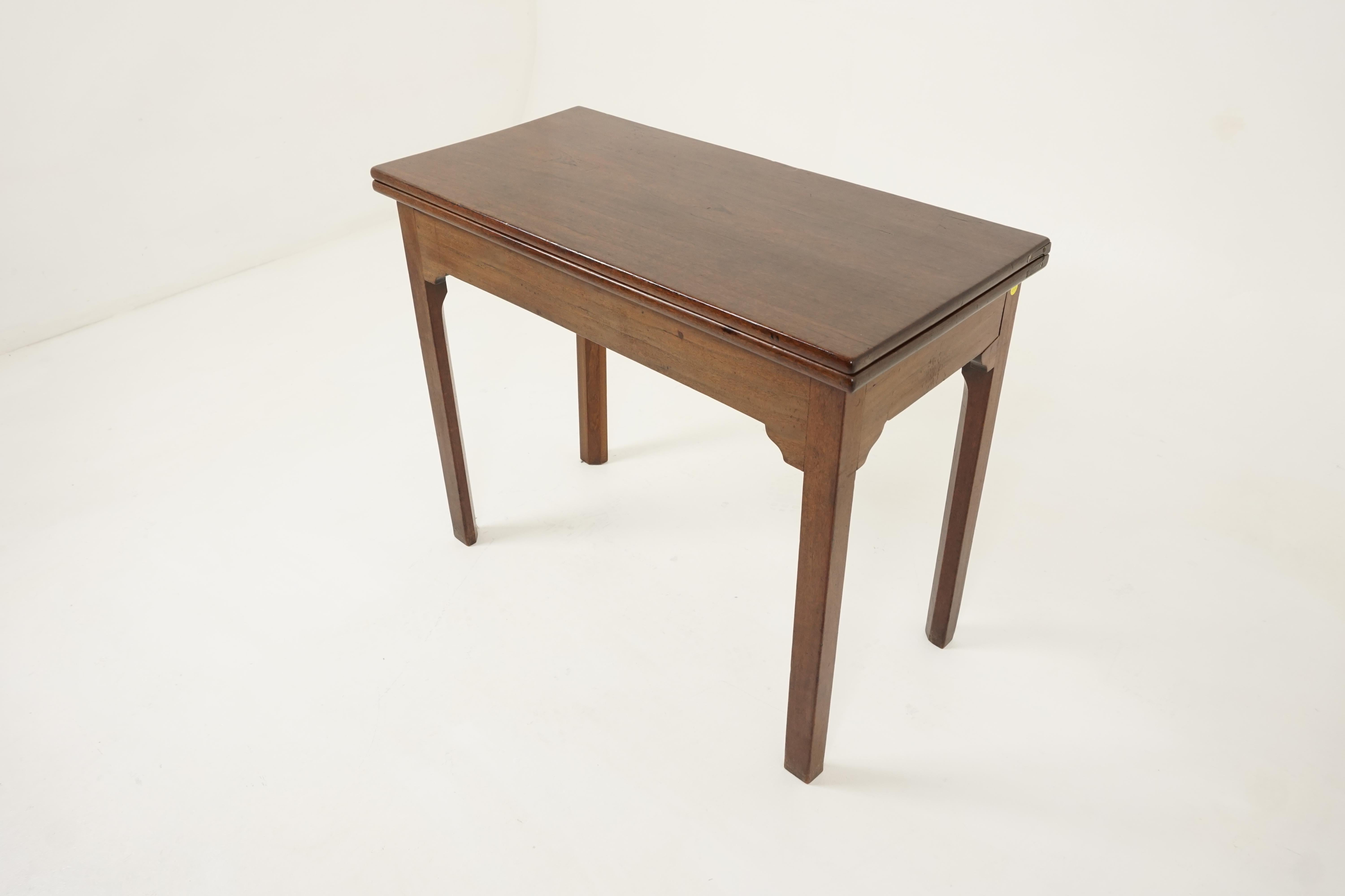 Antique walnut table, Georgian fold over tea table, Scotland 1820, B2726

Scotland 1820
Solid walnut
Original finish
Moulded rectangular top
Deep frieze underneath
The table stands on square supports
The fold over top is supported by a pull