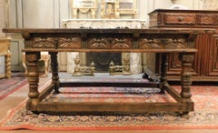 Antique Walnut Table Richly Carved Drawers and Turned Legs, 17th Century Spain